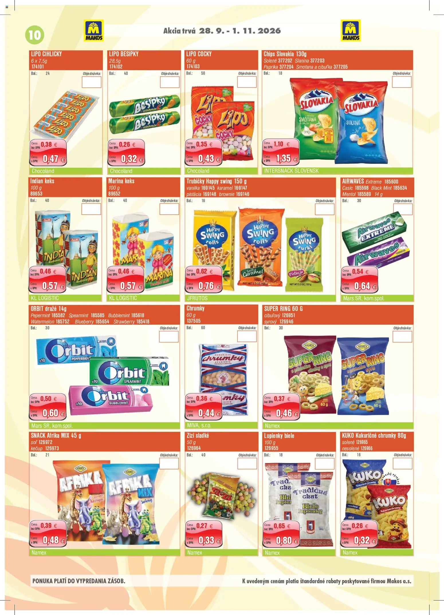 Nové Makos akcie – leták je platný od 28.09.2026 | Strana: 10 | Produkty: Slanina, Kečup, Trubičky, Vanilka