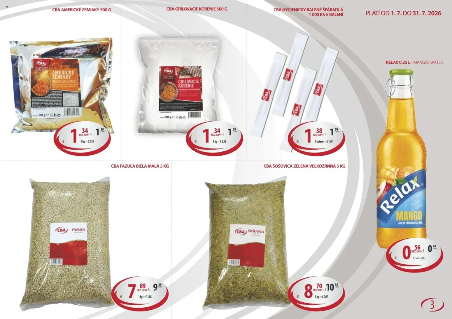 Nové KARMEN CBA akcie – leták je platný od 01.07.2026 | Strana: 3 | Produkty: Šošovica, Korenie, Zemiaky, Mango