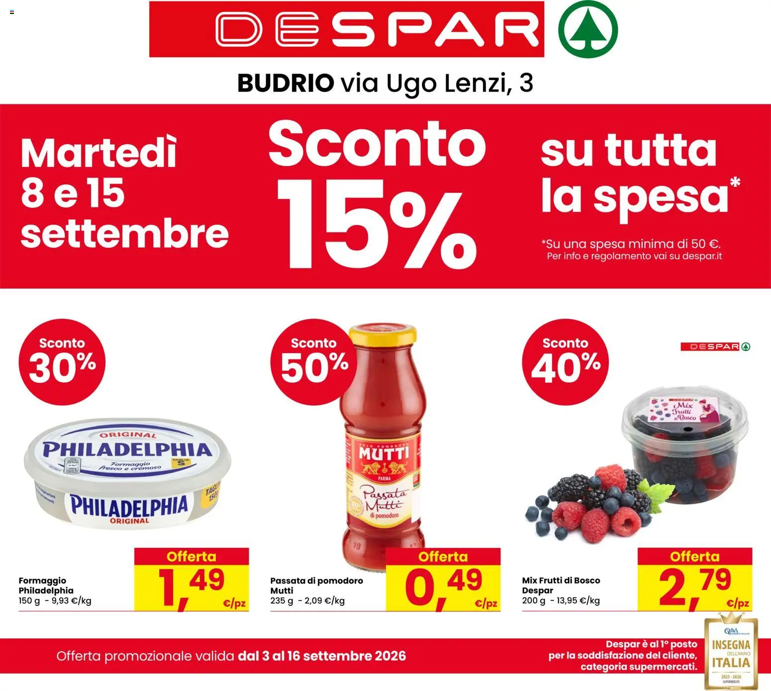 Volantino Despar del 03/09/2026 | Pagina: 1 | Prodotti: Pomodoro, Passata di pomodoro, Mutti, Formaggio fresco