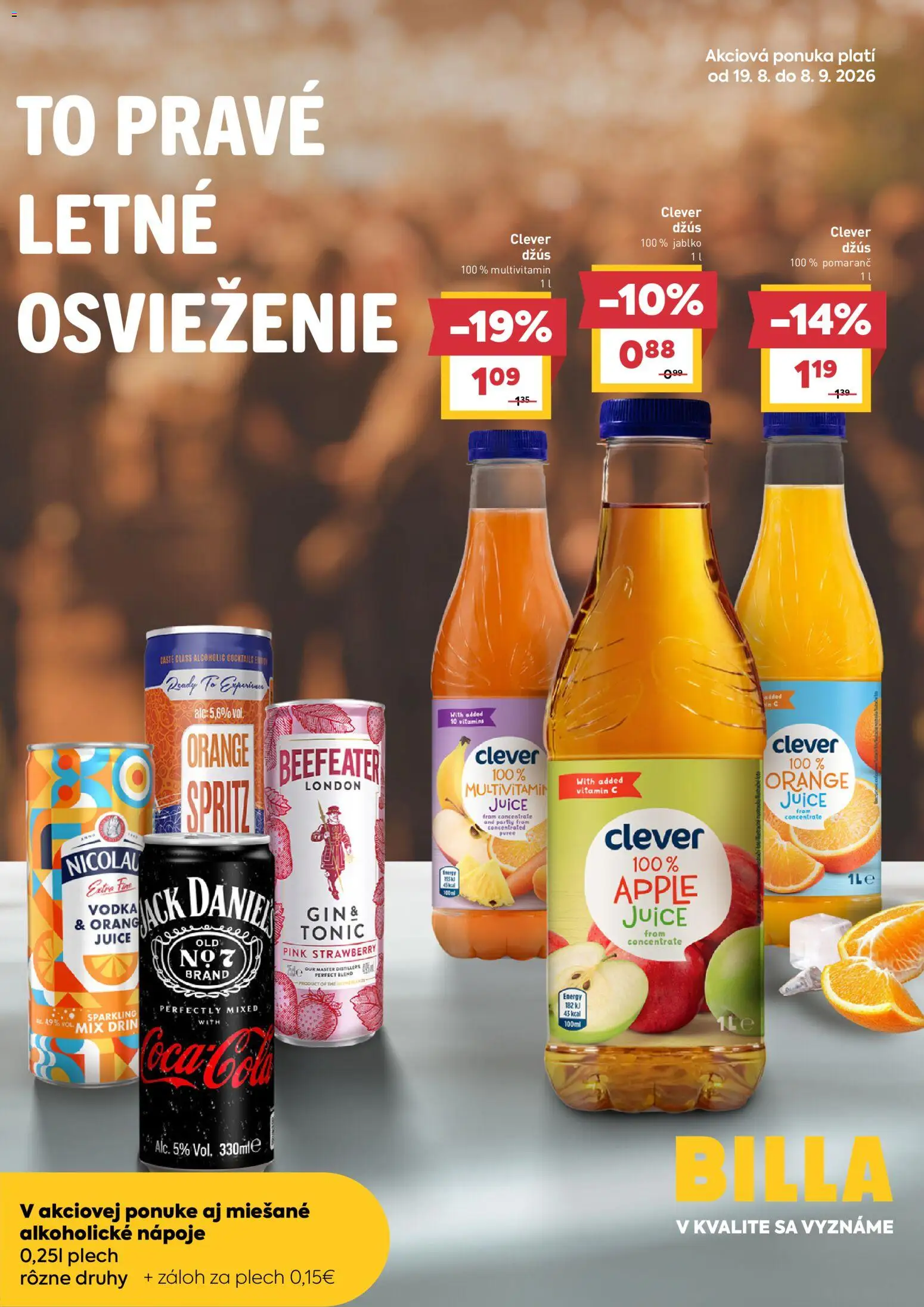 Nové Billa akcie – leták je platný od 19.08.2026 | Strana: 1 | Produkty: Beefeater, Gin, Vodka, Coca cola