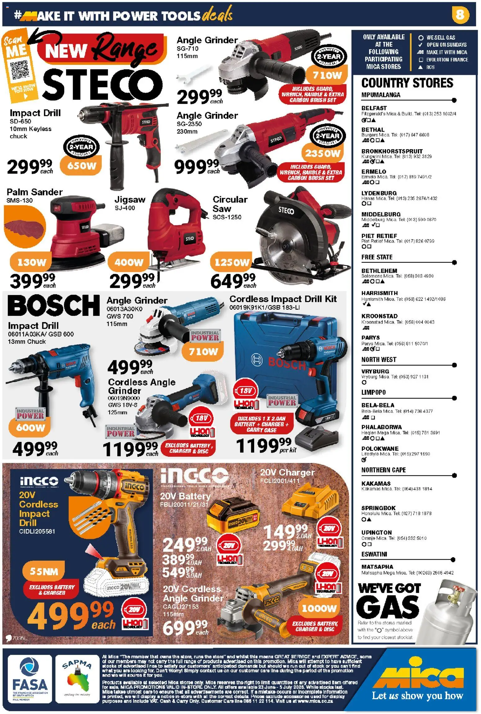 New MICA catalogue – valid from 23/06/2026 | Page: 8 | Products: Drill, Charger, Angle grinder, Stock