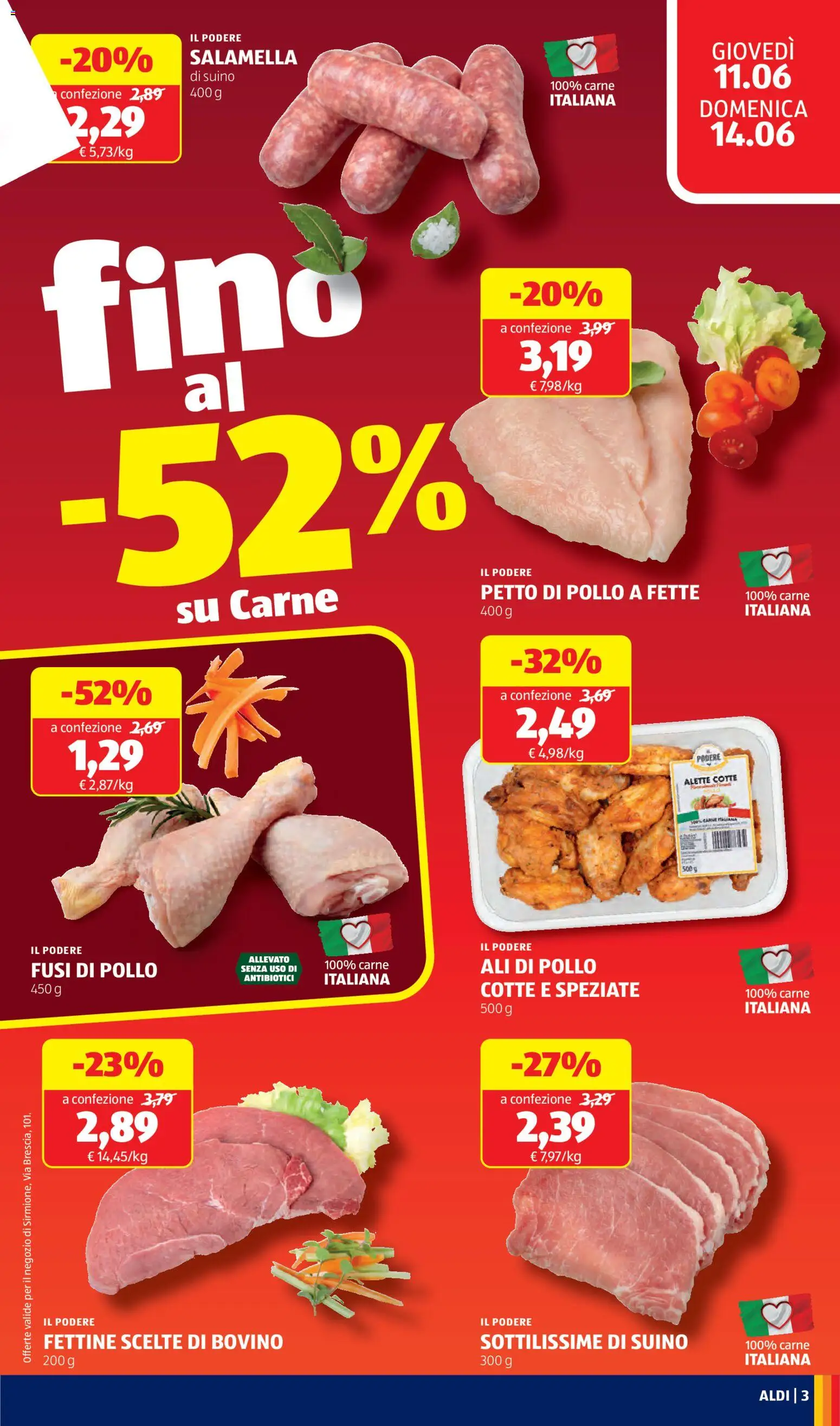 Volantino Aldi del 11.06.2026 | Pagina: 3 | Prodotti: Petto di Pollo, Salamella, Pollo, Suino