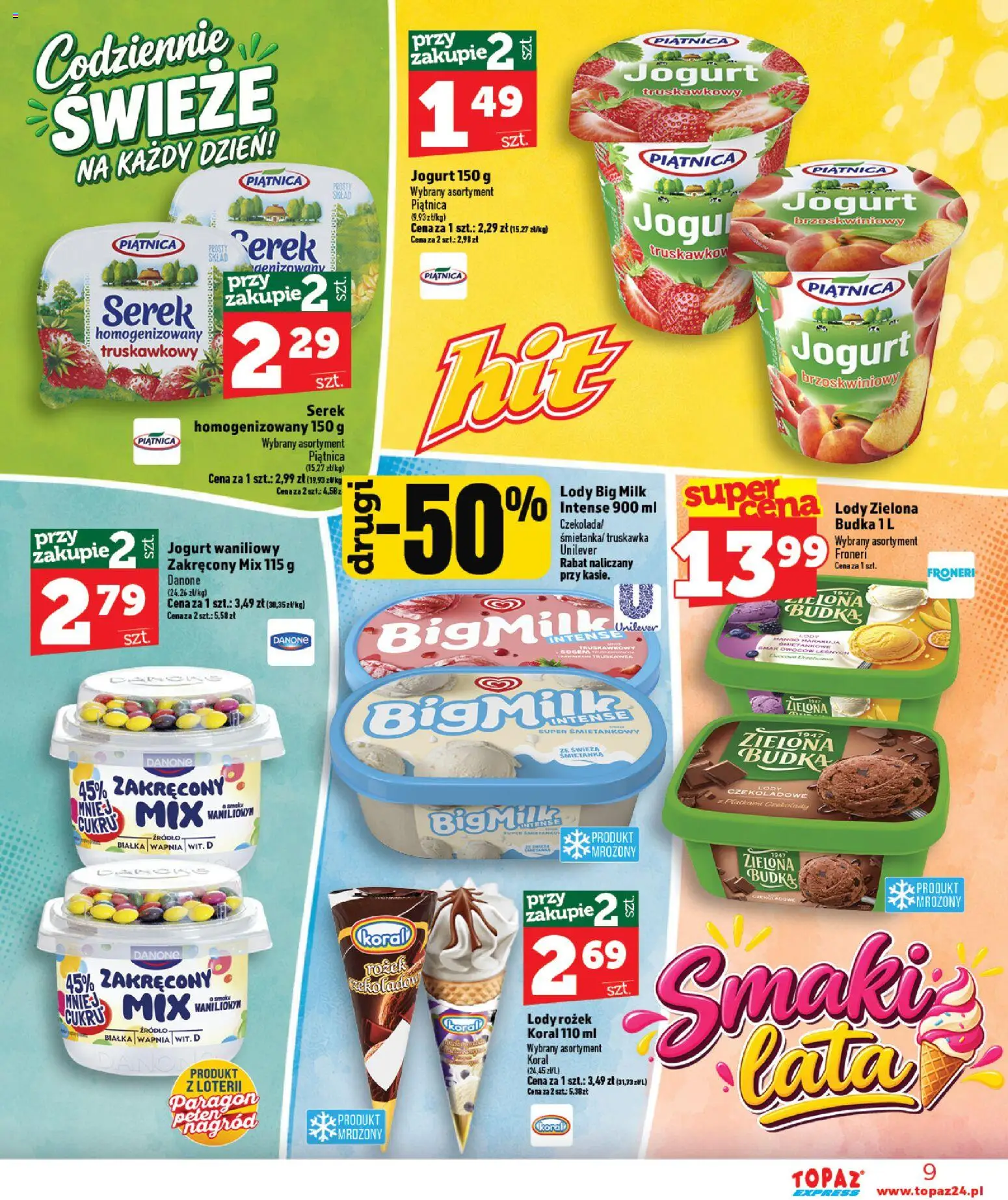 Topaz gazetka - Express od 17.09.2026 | Strona: 9 | Produkty: Jogurt waniliowy, Serek, Jogurt, Lody Big Milk