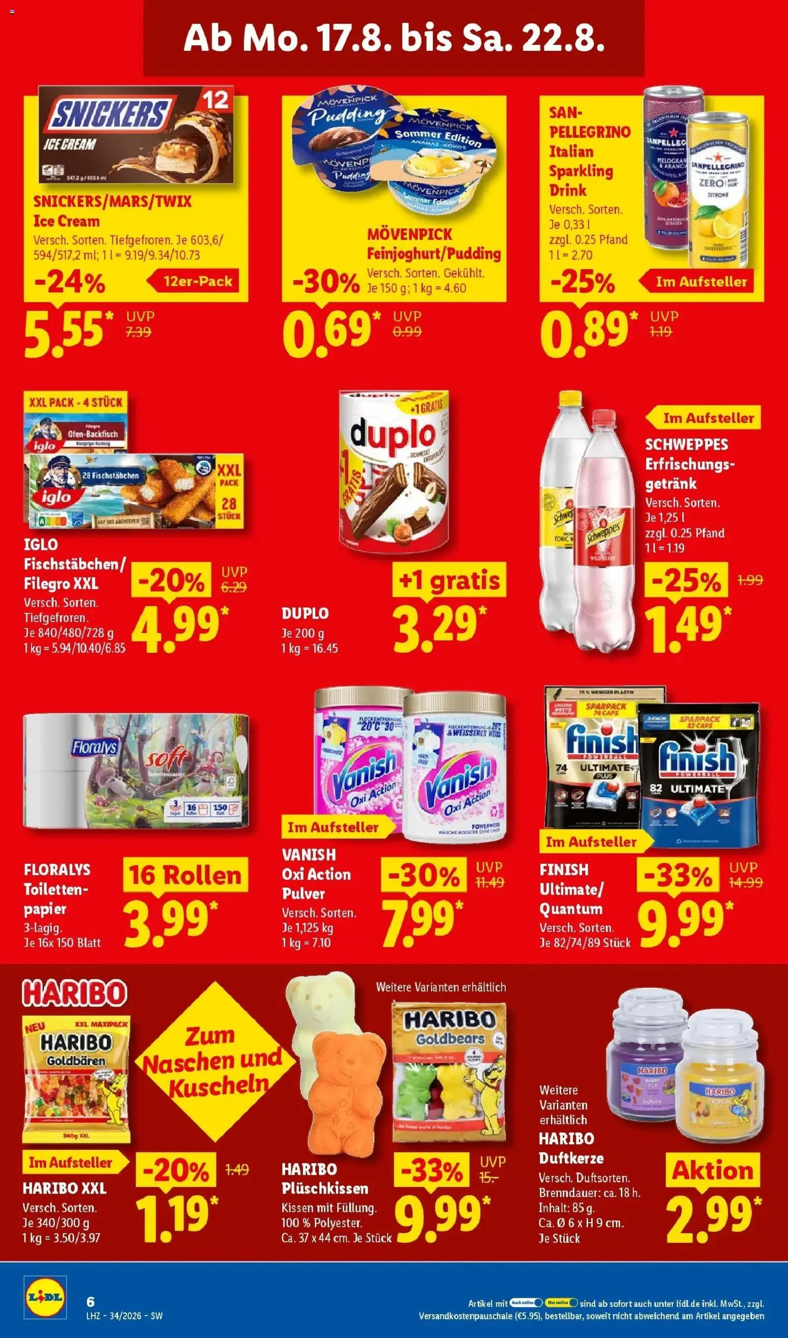 Lidl Prospekt Mühlacker (ab 17.08.2026) zum Blättern » Angebote | Seite: 14 | Produkte: Kissen, Snickers, Fischstabchen, Zitrone
