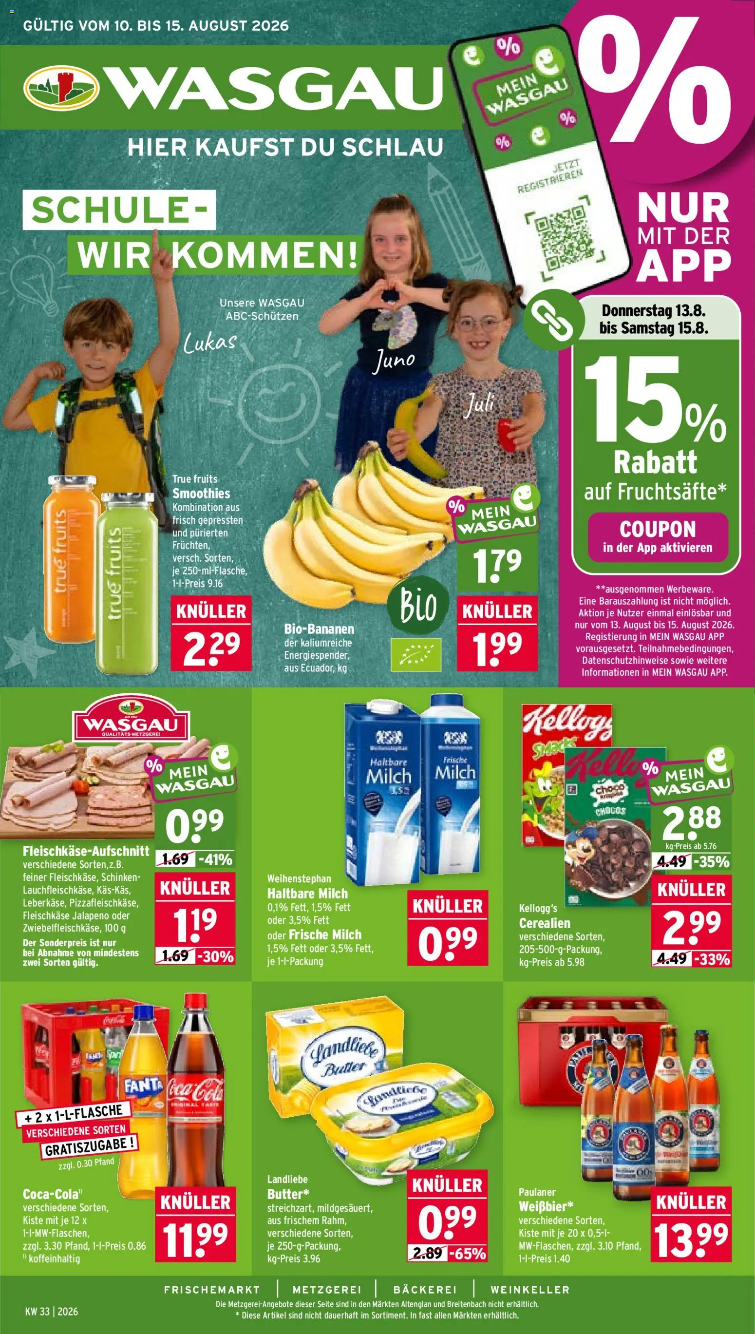 Wasgau Prospekt – gültig ab 10.08.2026 | Seite: 1 | Produkte: Coca cola, Cola, Milch, Schinken