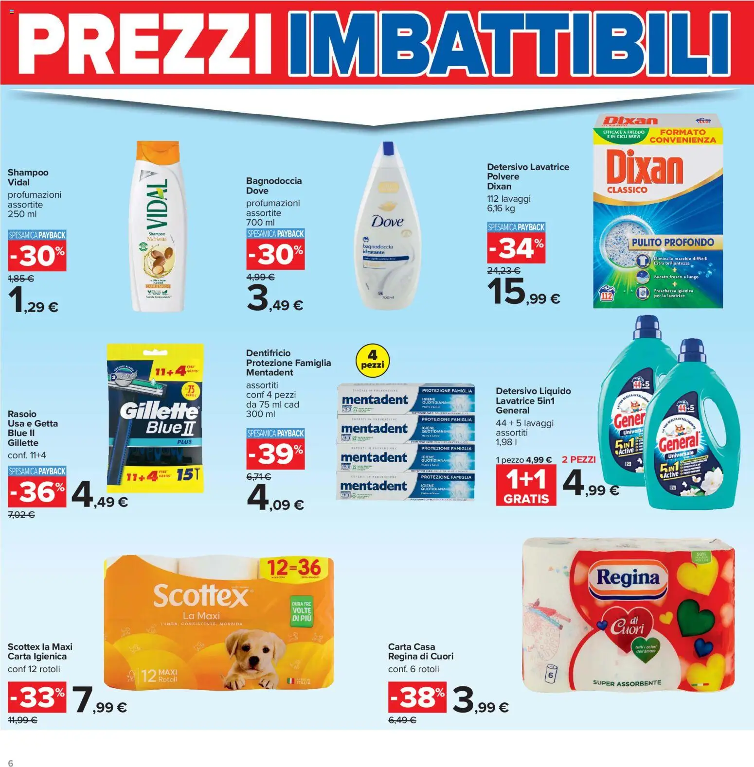 Volantino Carrefour del 16.06.2026 | Pagina: 6 | Prodotti: Shampoo, Rasoio, Carta igienica, Lavatrice