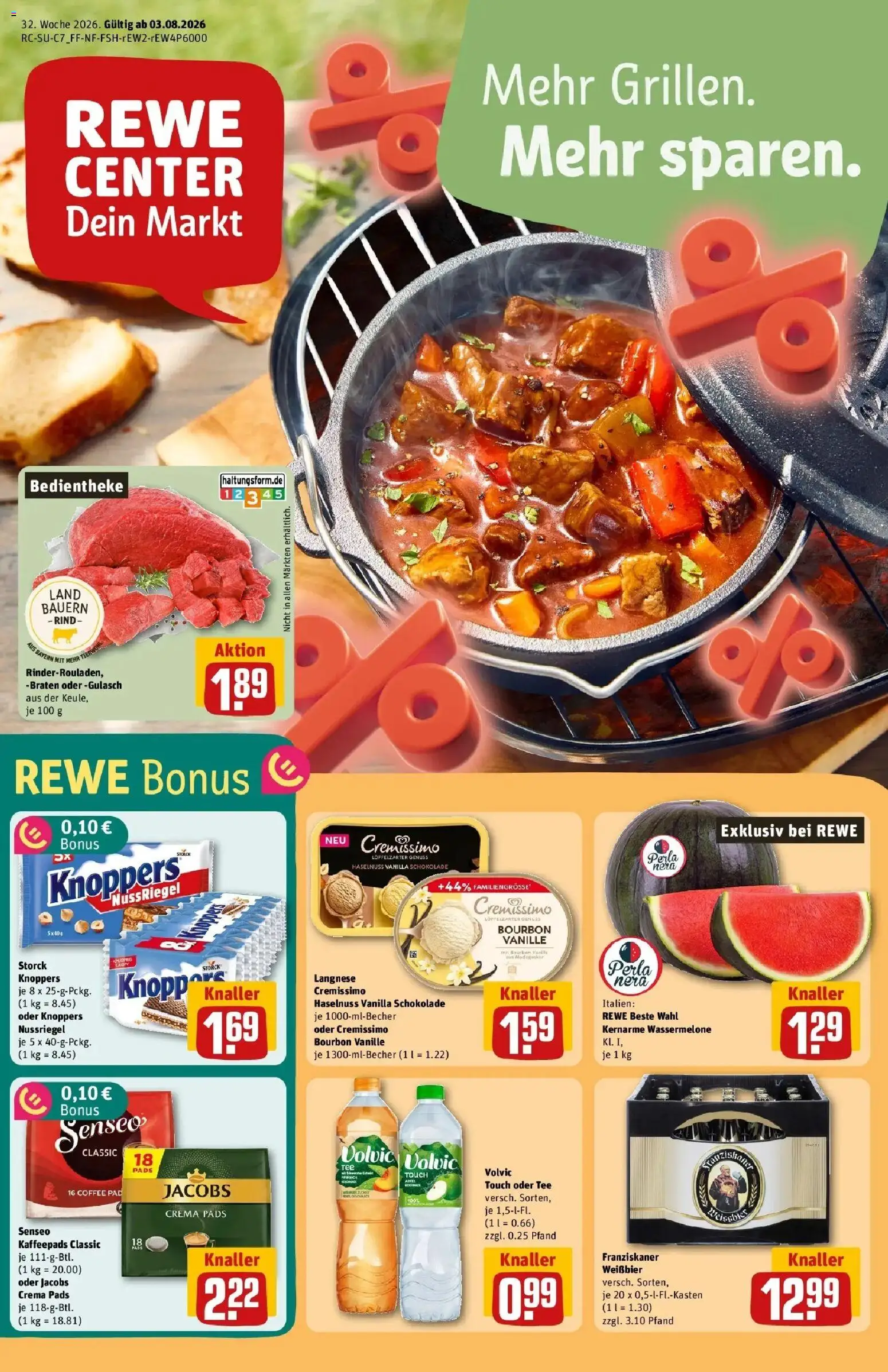 REWE Prospekt ab 03.08.2026 zum Blättern » Angebote | Seite: 1 | Produkte: Langnese, Knoppers, Tee, Volvic