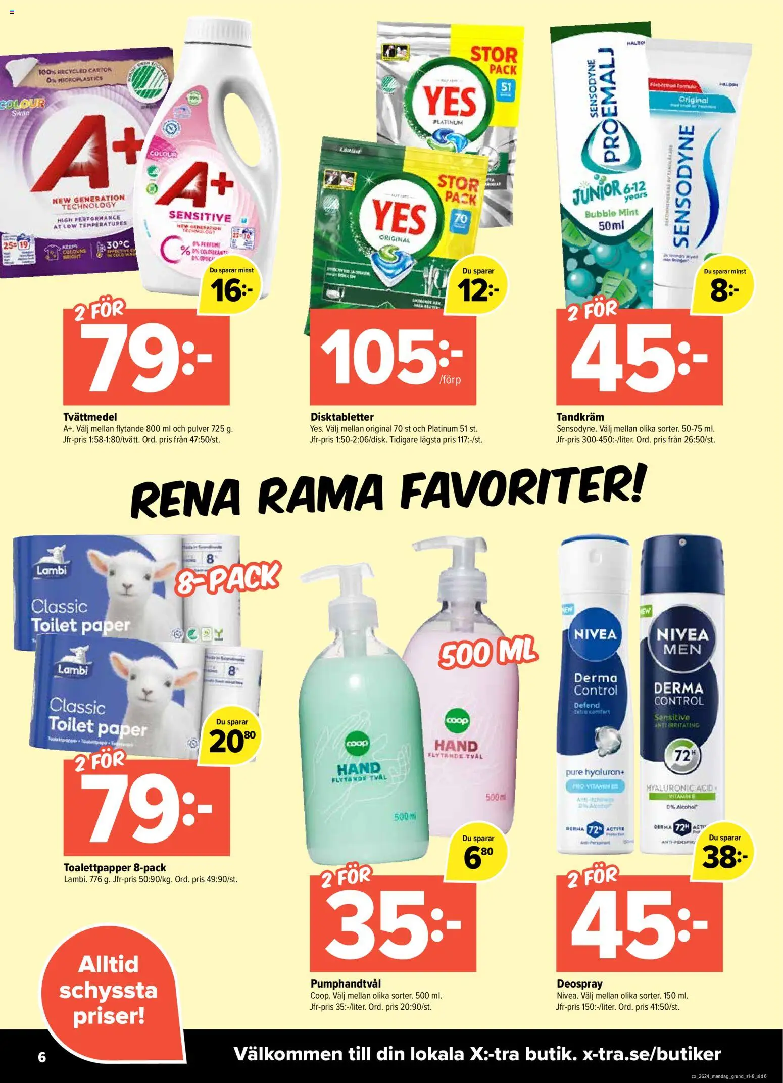 Coop X:-TRA reklamblad aktuell från 08.06.2026 | Sida: 6 | Produkter: Tvål, Tandkräm, Tvättmedel, Toalettpapper