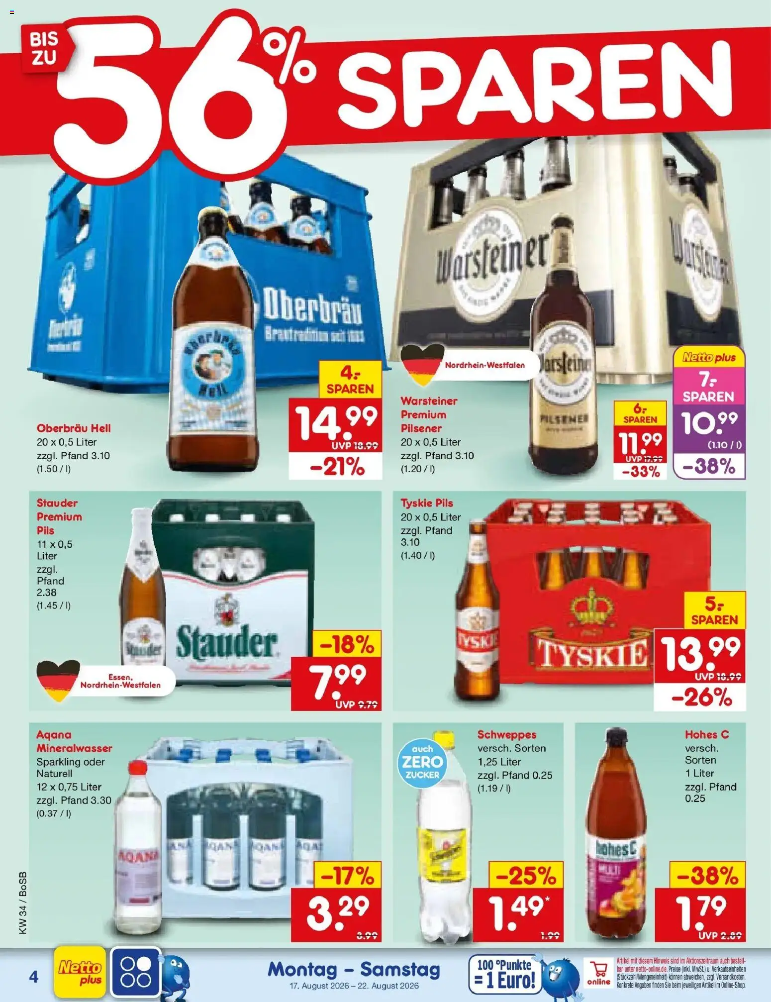Netto Marken-Discount Prospekt Stadtlohn – gültig ab 17.08.2026 | Seite: 6 | Produkte: Tyskie, Schweppes, Zucker, Hohes c