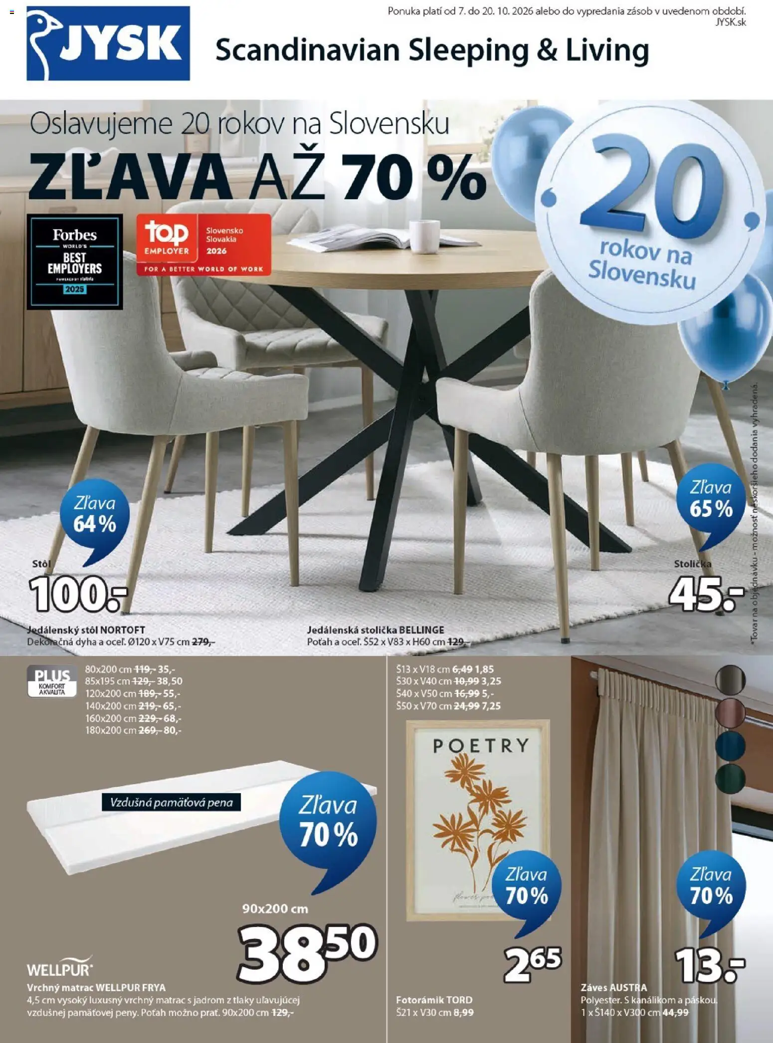 Nové JYSK akcie – leták je platný od 07.10.2026 | Strana: 1 | Produkty: Matrac, Vrchný matrac, Jedálenská stolička, Jedálenský stôl