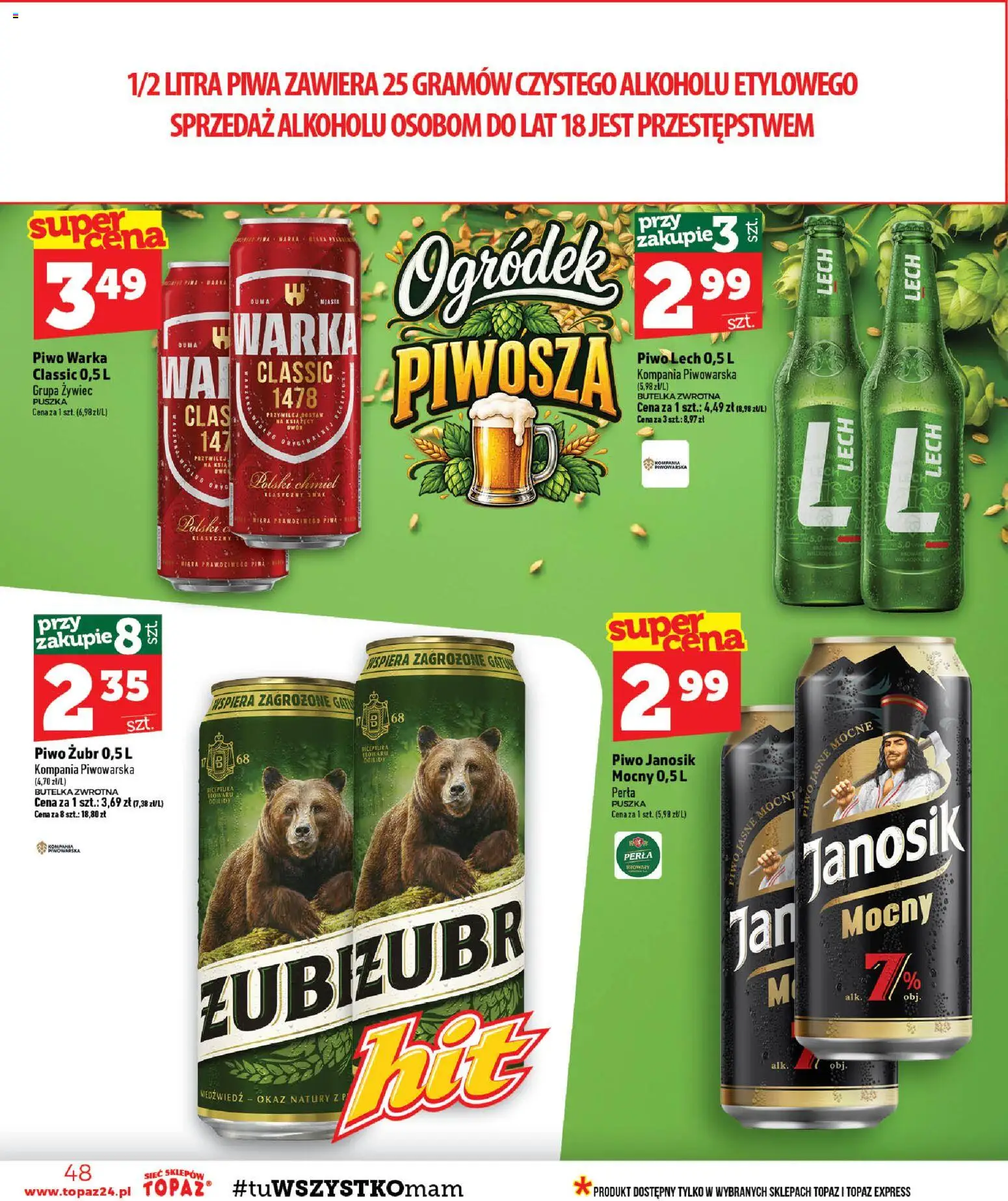 Topaz gazetka - MAZ od 29.10.2026 | Strona: 48 | Produkty: Piwo żubr, Lech, Warka, Piwo