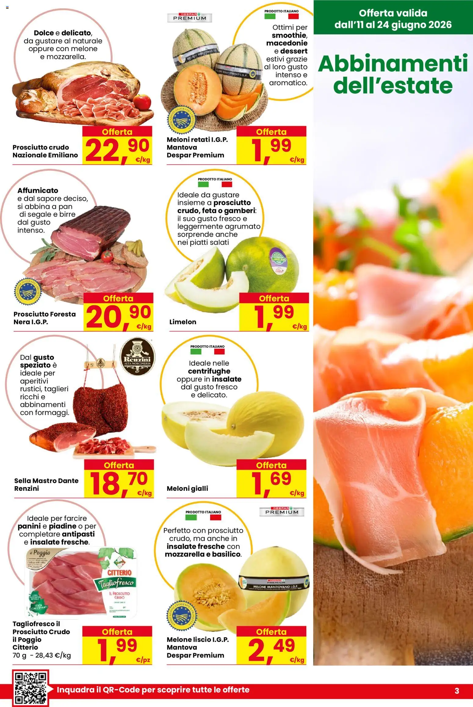 Volantino Despar del 11.06.2026 | Pagina: 3 | Prodotti: Prosciutto Crudo, Gamberi, Prosciutto, Feta