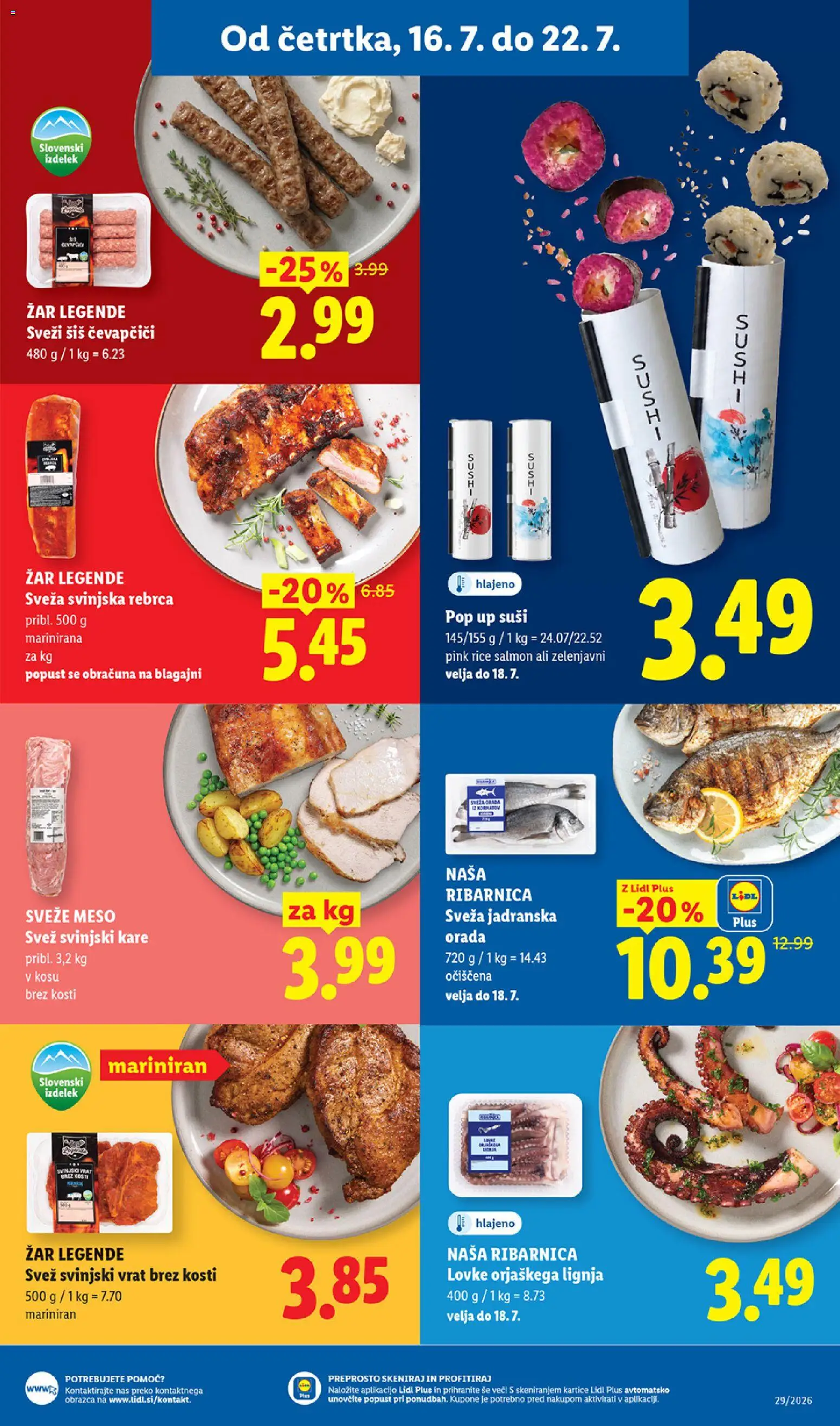Novi Lidl katalog ponudbe – veljaven od 16.07.2026 | Stran: 3 | Izdelki: Čevapčiči, Suši, Orada, Svinjski kare
