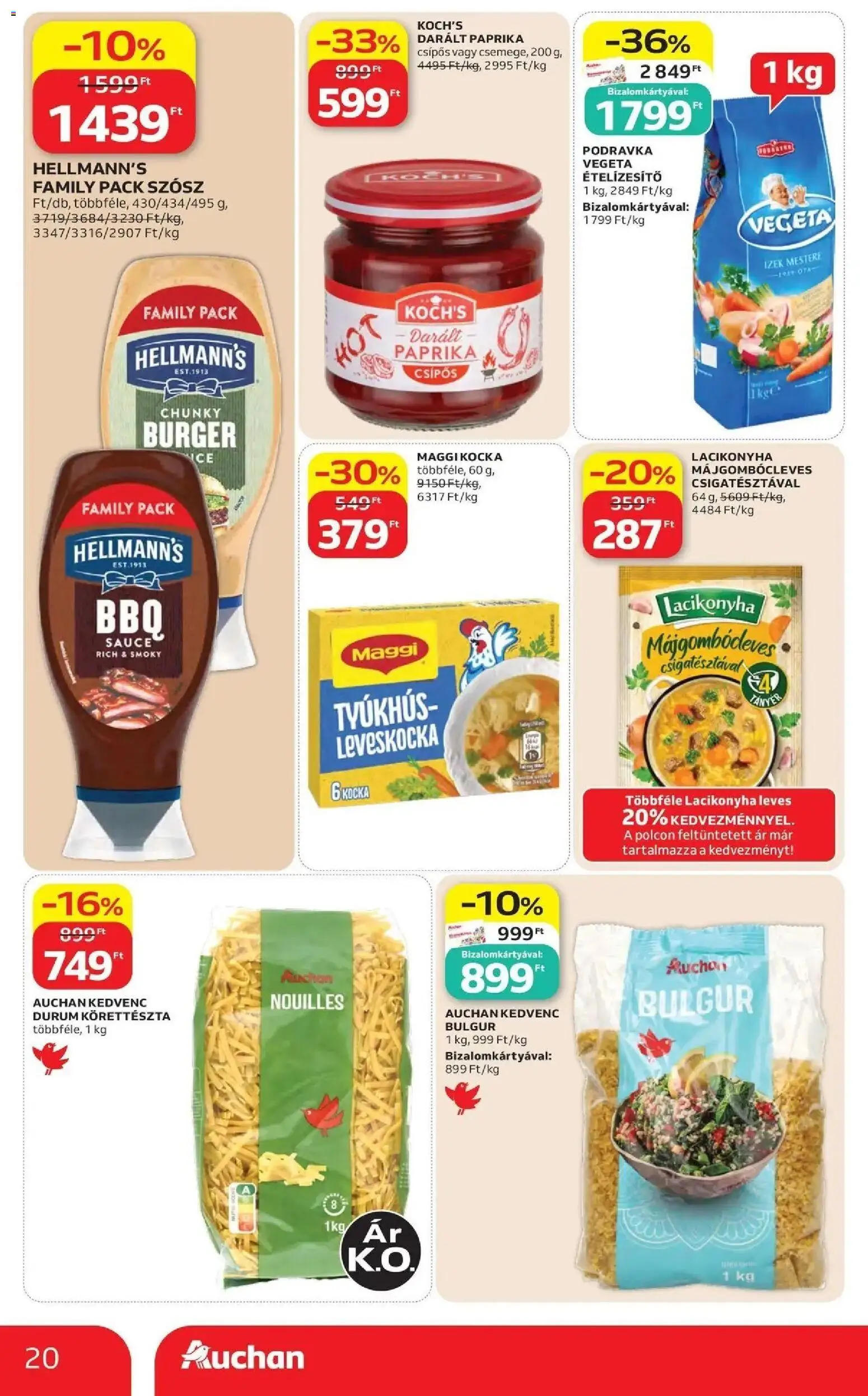 Auchan akciós újság Szolnok - 2026.08.27. -tól/töl > akció, lapozható szórólap 🛍️ | Oldal: 20 | Termékek: Vegeta, Leveskocka, Bulgur, Ételízesítő