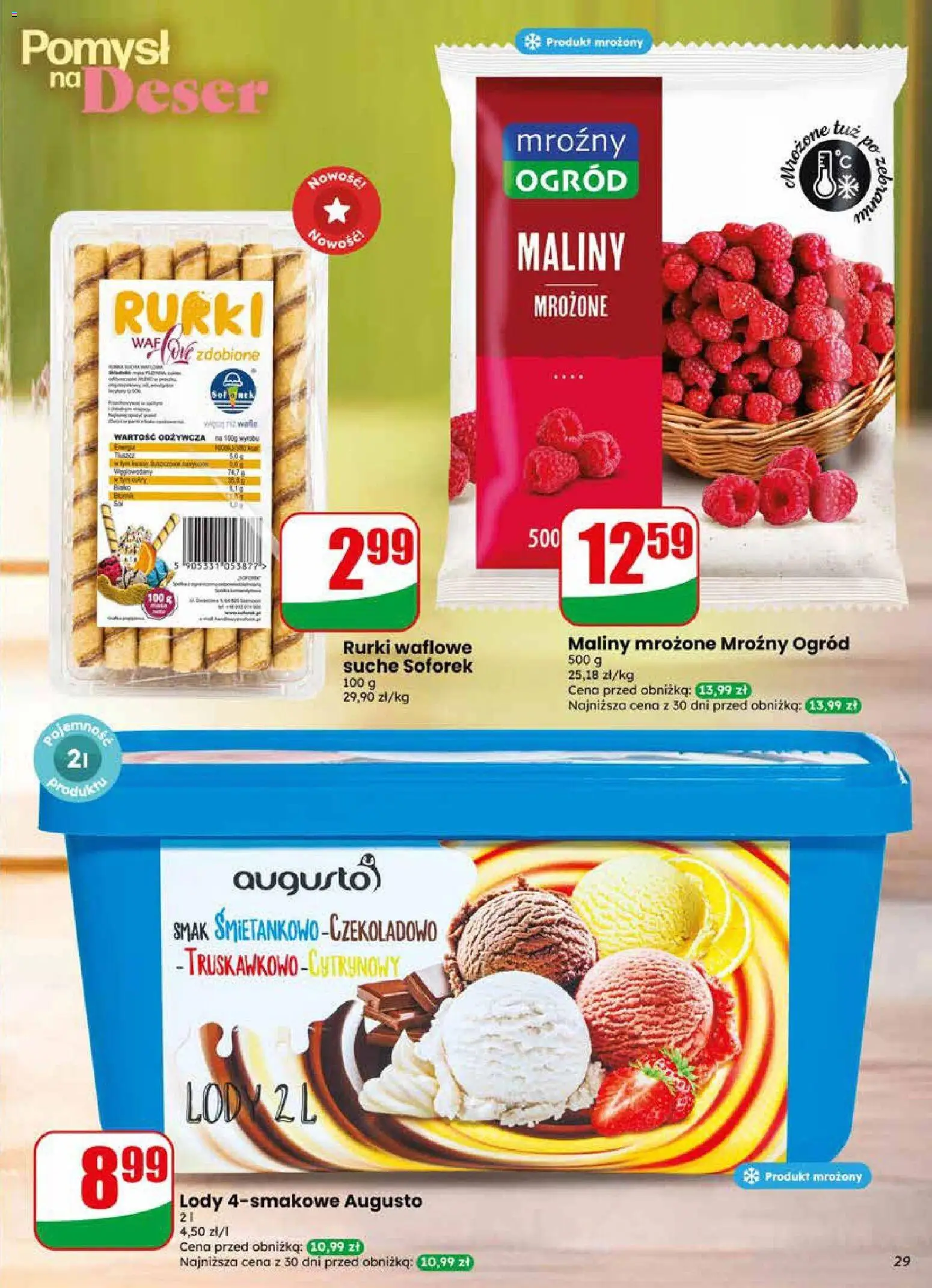 Dino gazetka od 03.06.2026 | Strona: 29 | Produkty: Maliny, Rurki waflowe, Lody