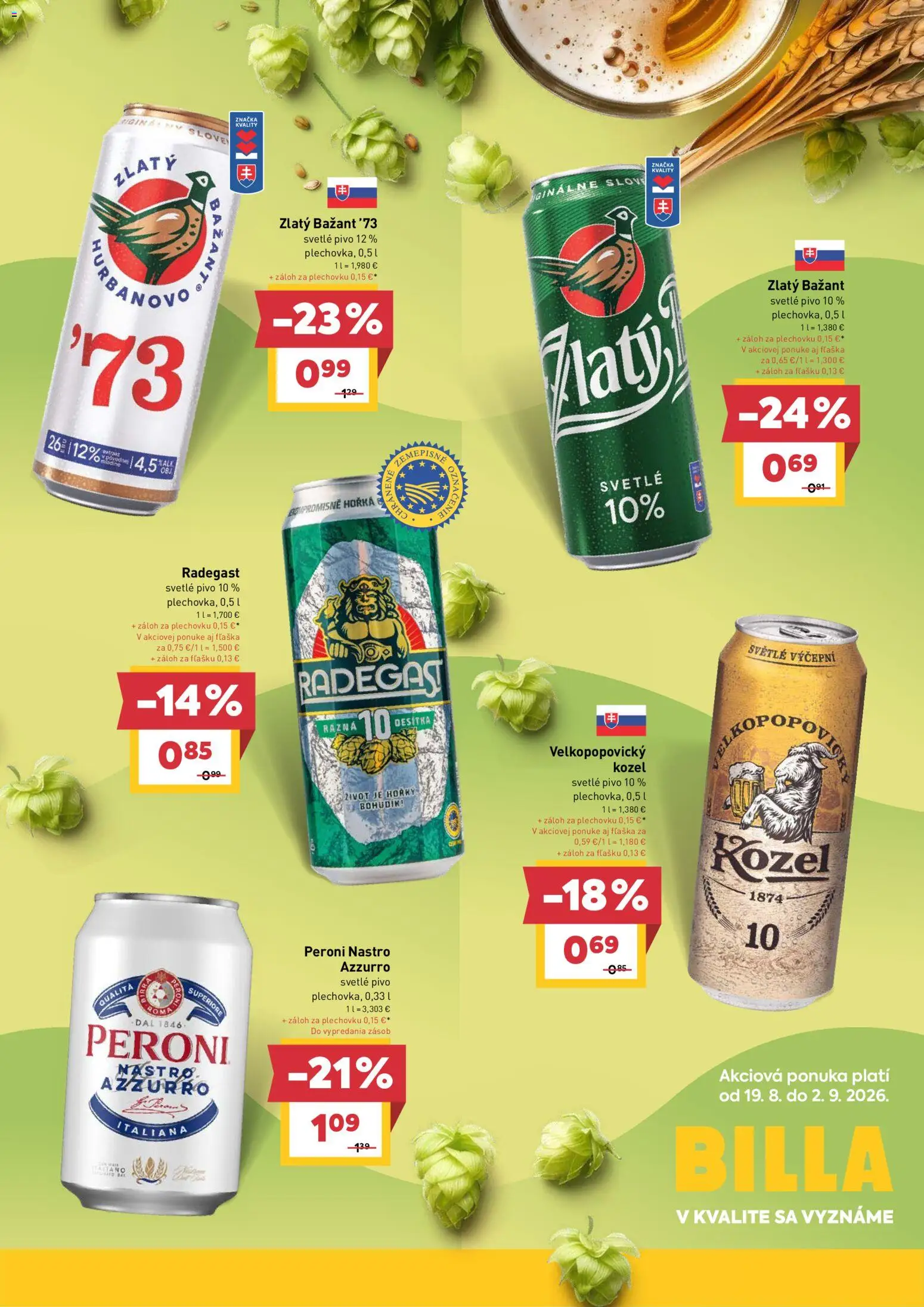 Nové Billa akcie – leták je platný od 19.08.2026 | Strana: 4 | Produkty: Pivo, Radegast, Pero, Zlatý Bažant