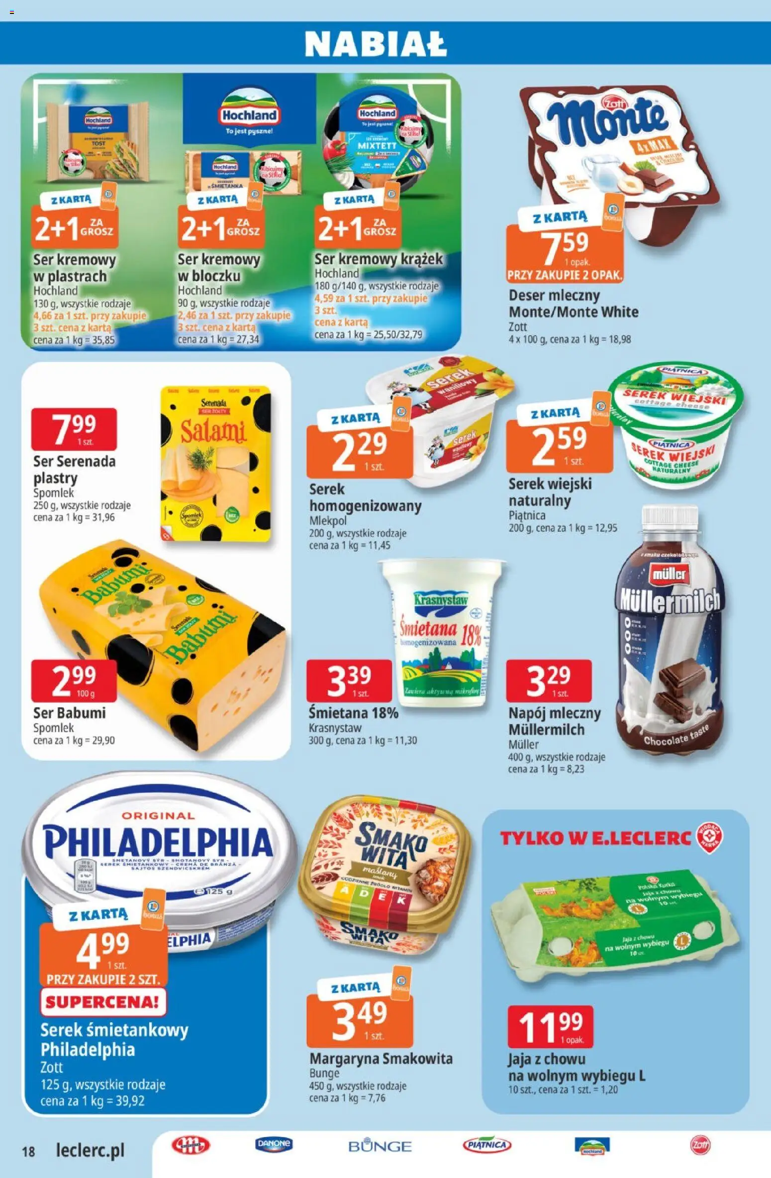 E.Leclerc gazetka od 30.06.2026 | Strona: 18 | Produkty: Serek, Margaryna, Napój mleczny, Ser