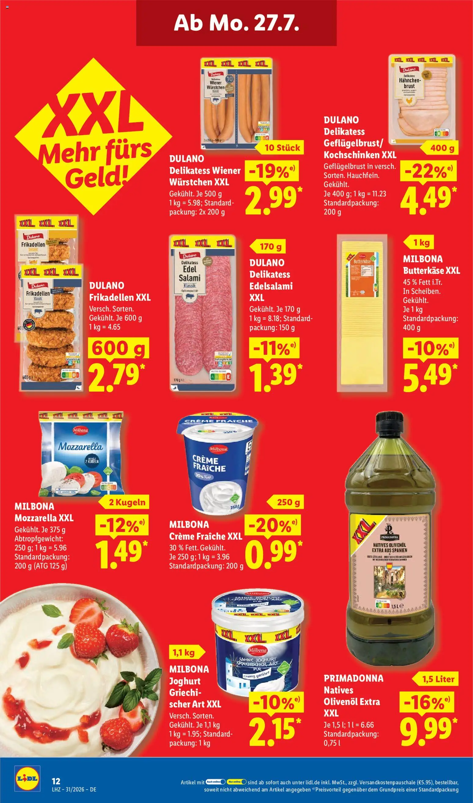 Lidl Prospekt – gültig ab 27.07.2026 | Seite: 22 | Produkte: Hahnchen, Olivenol, Creme, Salami