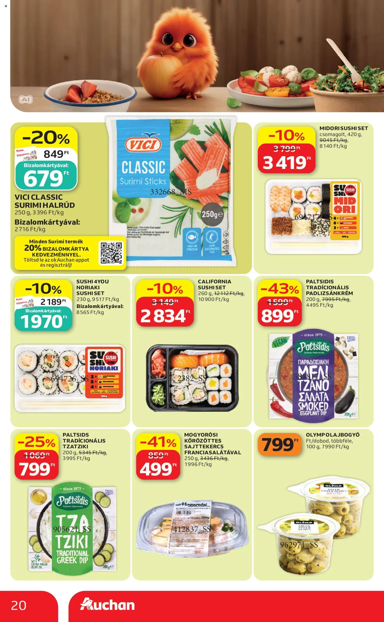 Auchan akciós ujság - amely érvényes a következő dátumtól: 2026.10.01. | Oldal: 20 | Termékek: Lé, Surimi, Sushi, Padlizsánkrém