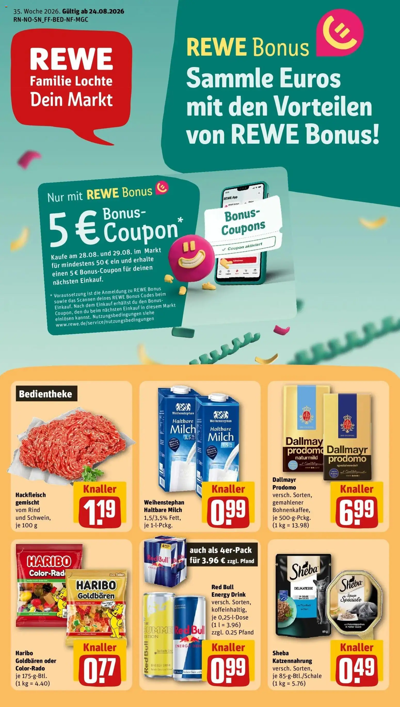 REWE Prospekt ab 24.08.2026 zum Blättern » Angebote | Seite: 1 | Produkte: Sheba, Thunfisch, Milch 3,5%, Hackfleisch