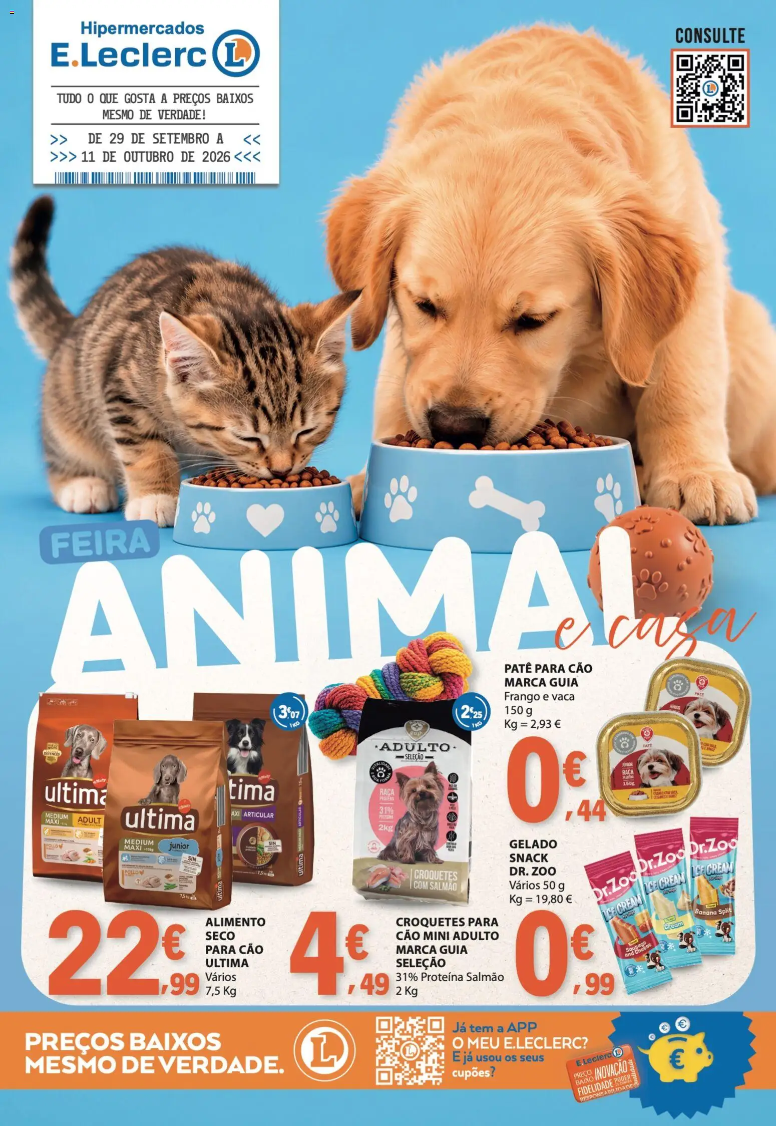 E.Leclerc folheto Feira Animal e Casa │ válido de 29/09/2026 | Página: 1 | Produtos: Banana, Frango, Salmão, Proteina