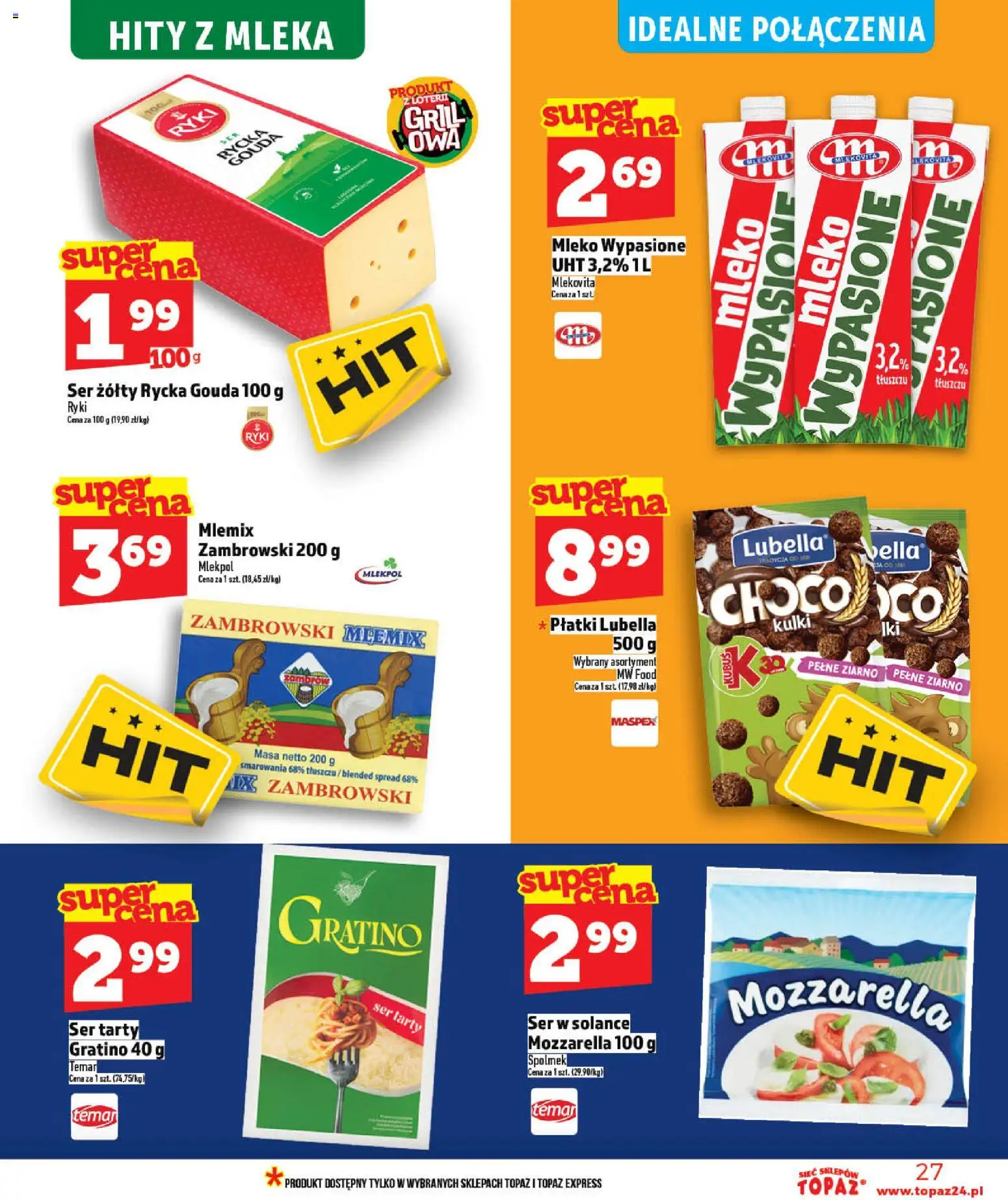 Topaz gazetka - MAZ od 21.05.2026 | Strona: 27 | Produkty: Ser żółty, Mleka, Mozzarella, Płatki