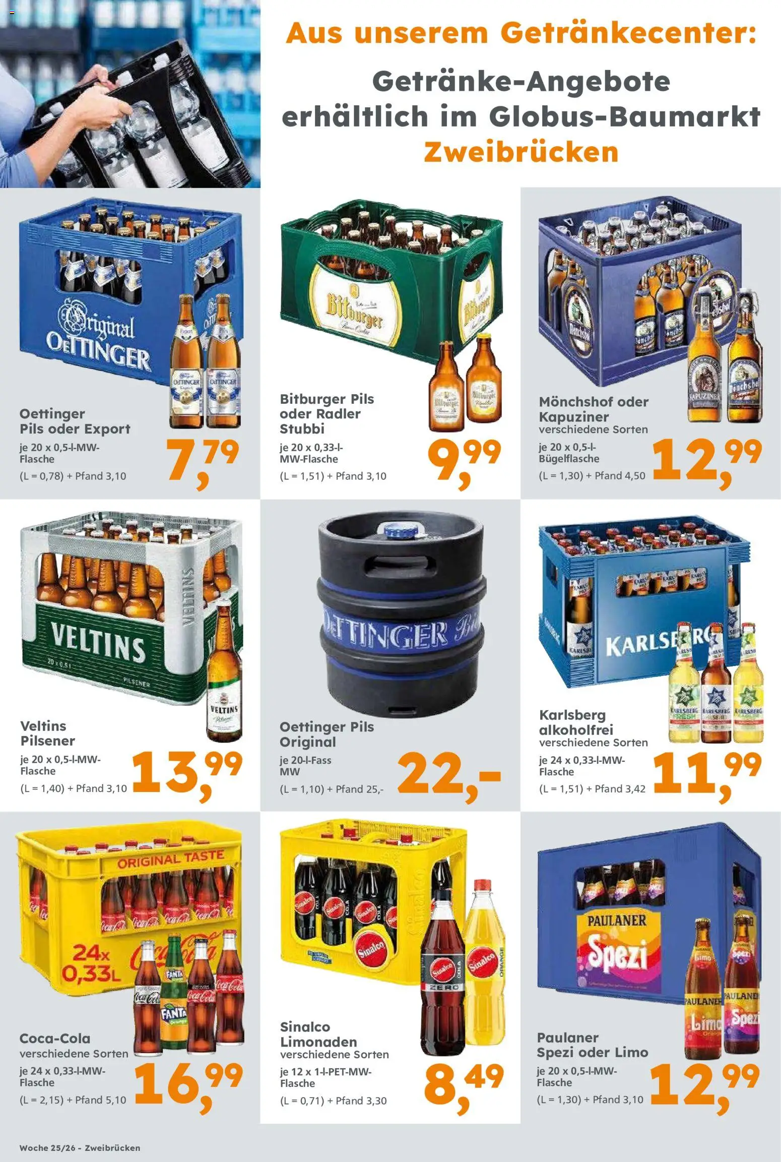 Globus Baumarkt Prospekt Zweibrücken – gültig ab 14.06.2026 | Seite: 12 | Produkte: Sinalco, Monchshof, Pils, Radler