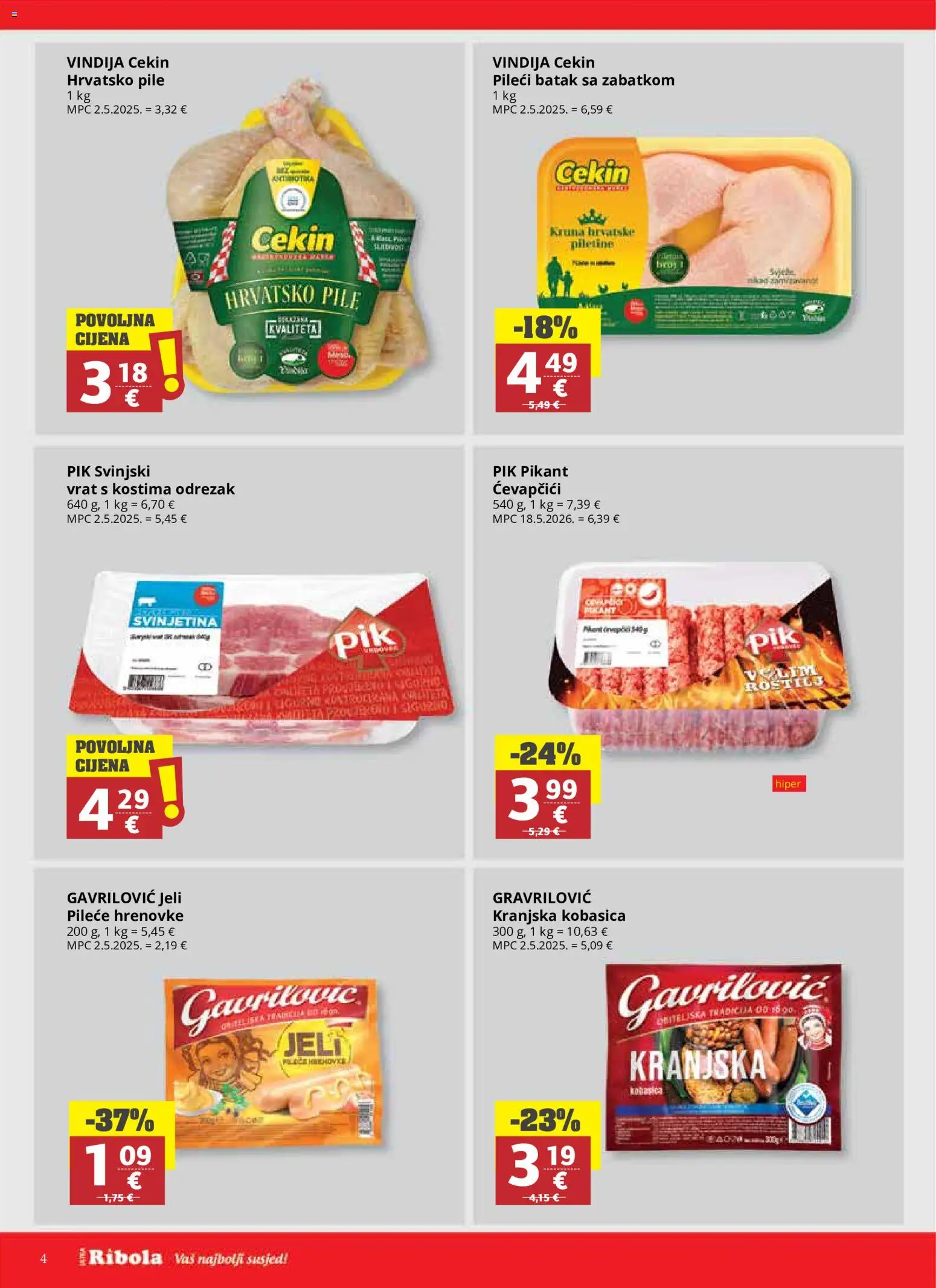 Ribola katalog | vrijedi od 08.07.2026 | Stranica: 4 | Proizvodi: Vindija, Kranjska kobasica, Kobasica, Ćevapčići