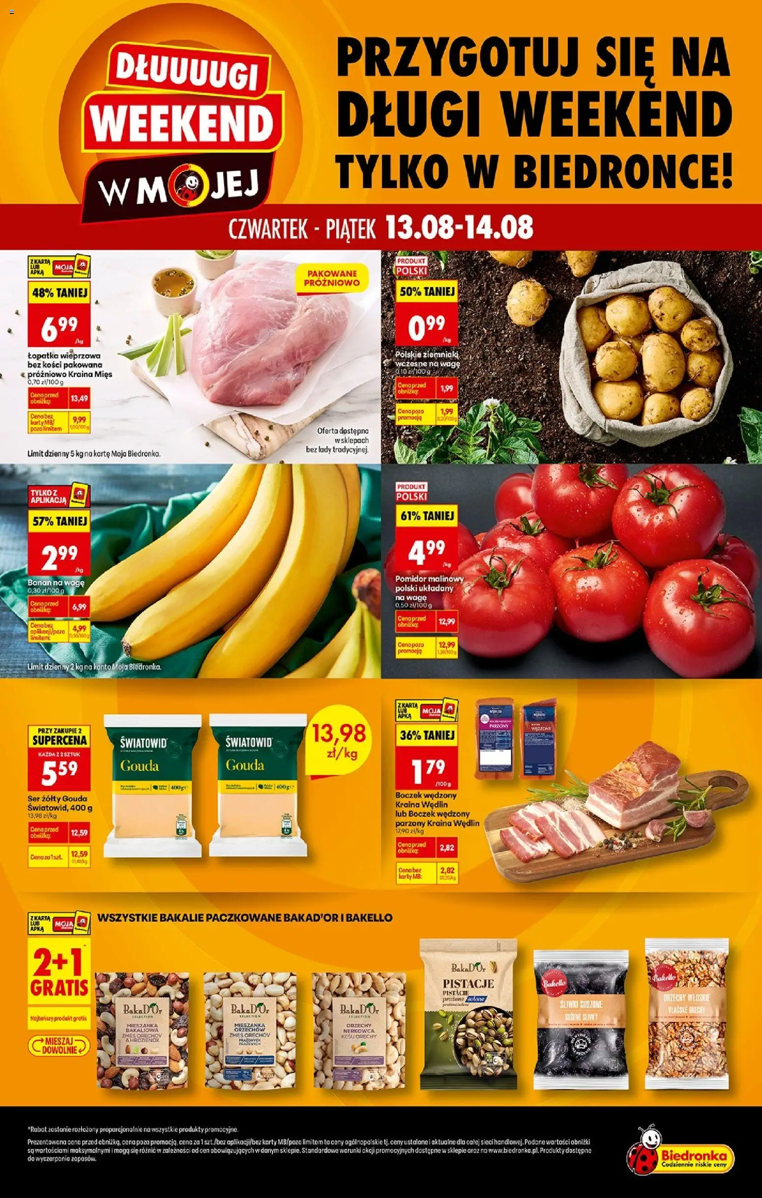 Biedronka Polsko leták - Długi weekend od 13.08.2026 | Strana: 1 | Produkty: Gouda, Pistácie, Ořechy, Lopatka