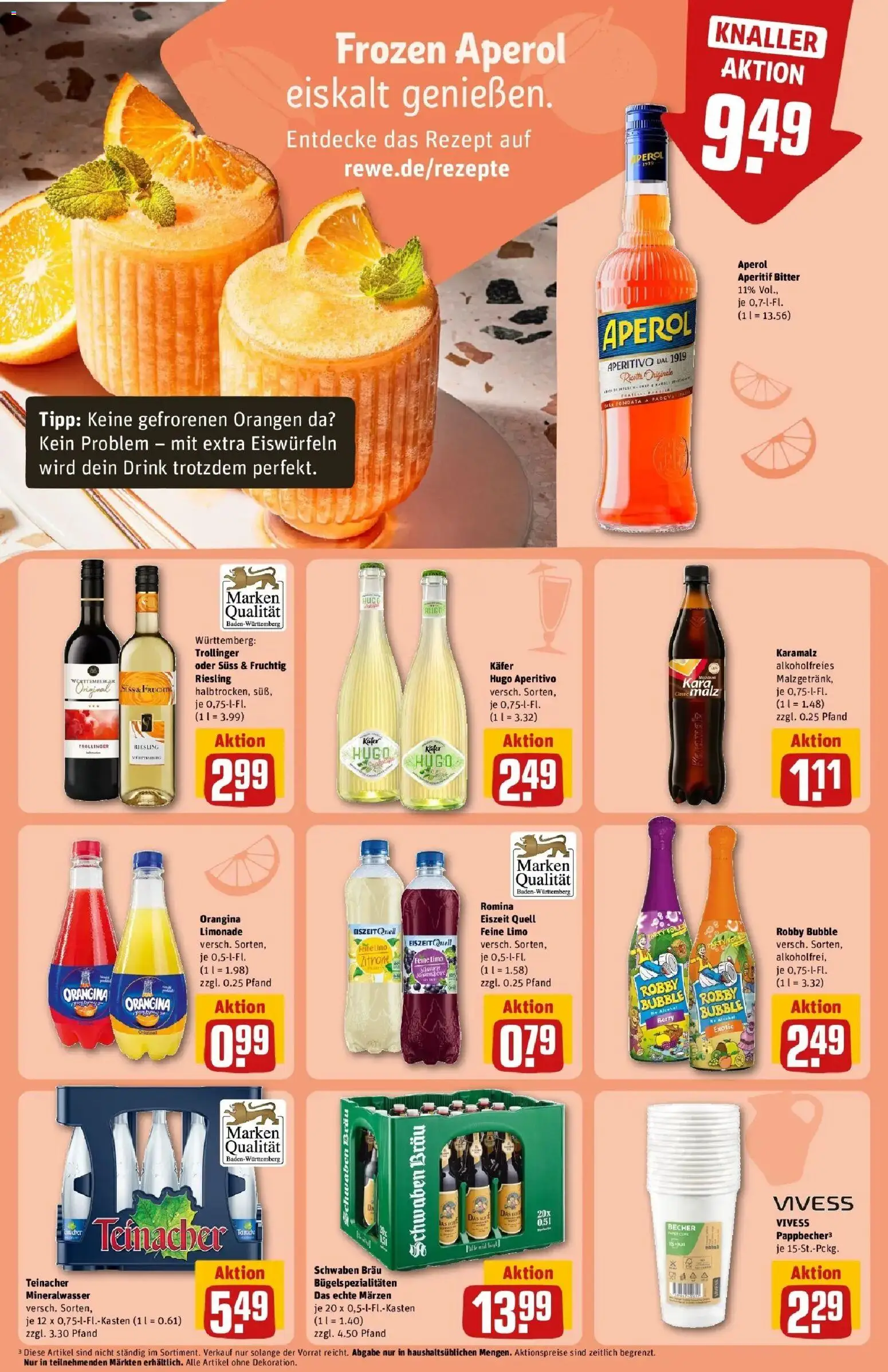 REWE Prospekt ab 10.08.2026 zum Blättern » Angebote | Seite: 18 | Produkte: Limonade, Mineralwasser, Aperol, Hugo