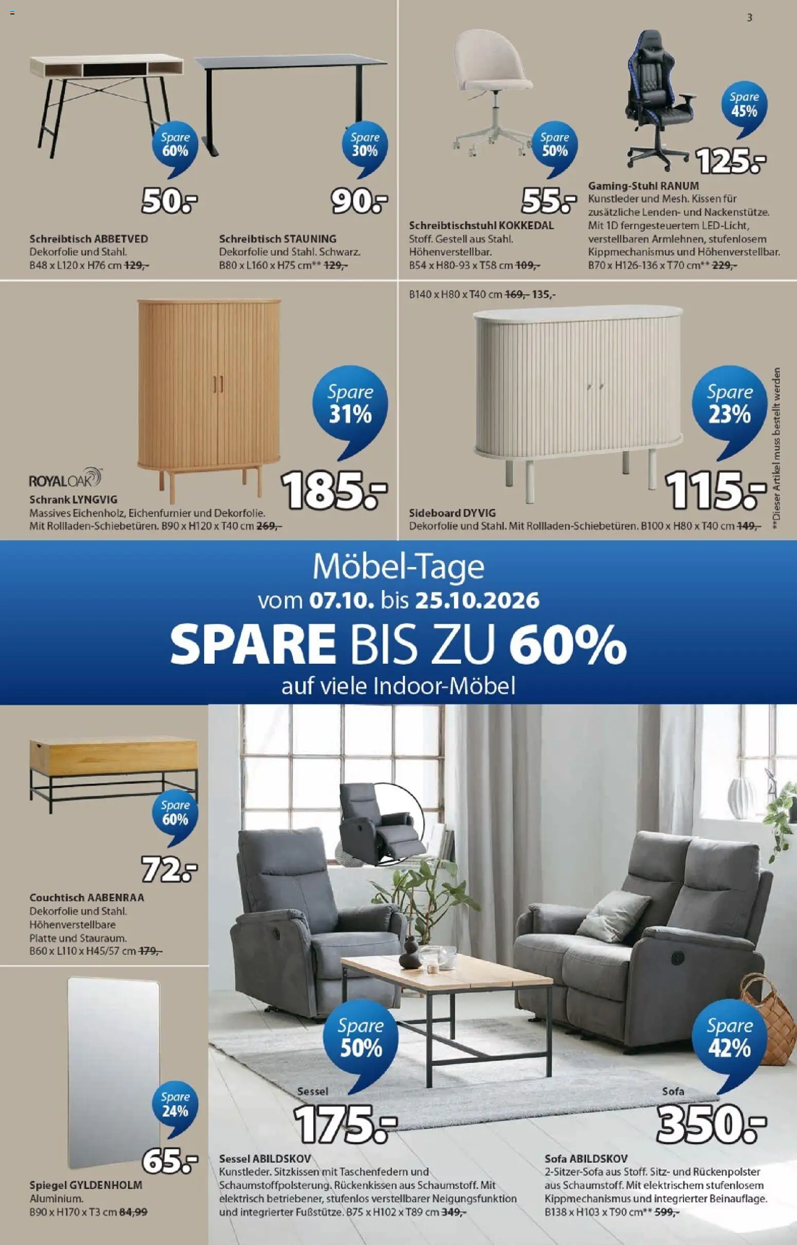 JYSK Flugblatt gültig ab 07.10.2026 | Seite: 3 | Produkte: Sofa, Couchtisch, Schrank, Spiegel