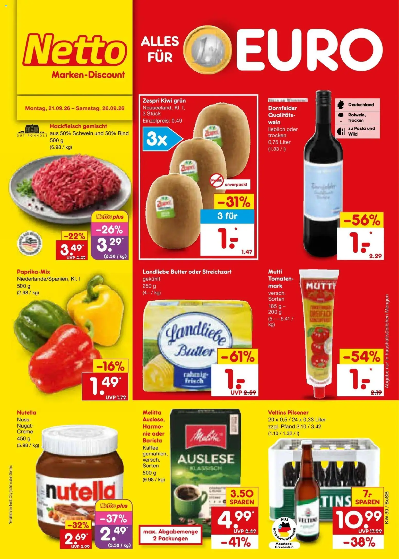 Netto Marken-Discount Prospekt Bochum – gültig ab 21.09.2026 | Seite: 1 | Produkte: Kaffee, Landliebe butter, Kiwi, Veltins