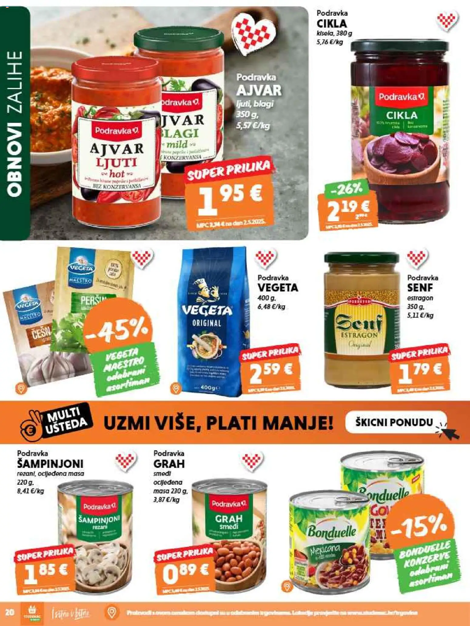 Studenac katalog | vrijedi od 15.07.2026 | Stranica: 20 | Proizvodi: Podravka, Ajvar, Šampinjoni, Konzerve