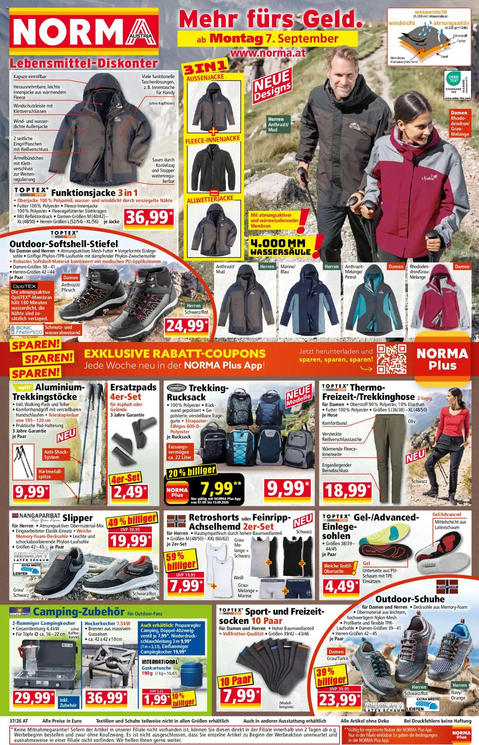 Norma Flugblatt gültig ab 07.09.2026 | Seite: 1 | Produkte: Hose, Socken, Wasser, Kopfhörer