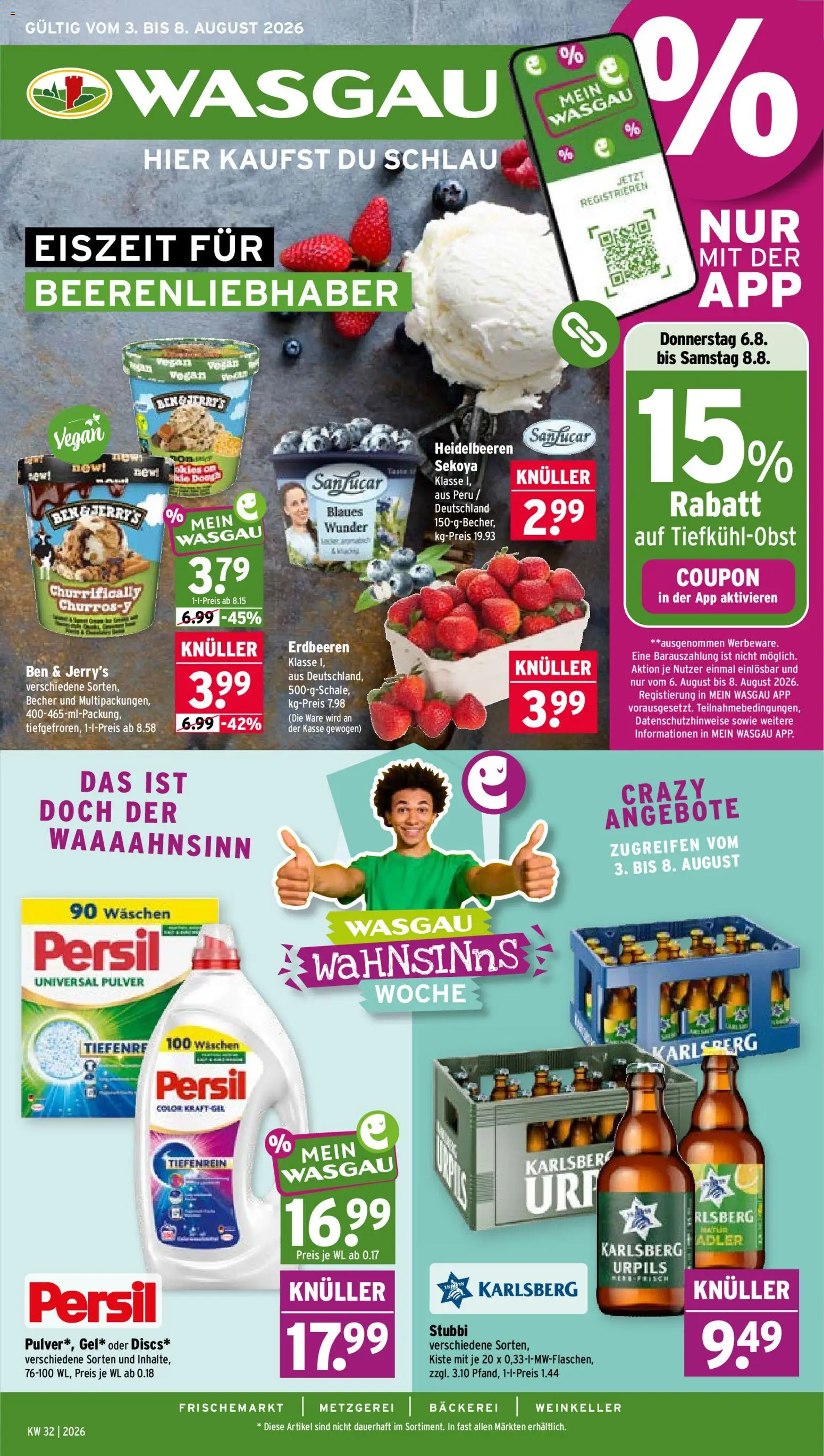 Wasgau Prospekt – gültig ab 03.08.2026 | Seite: 1 | Produkte: Bäckerei, Heidelbeeren, Ben & Jerry's, Erdbeeren
