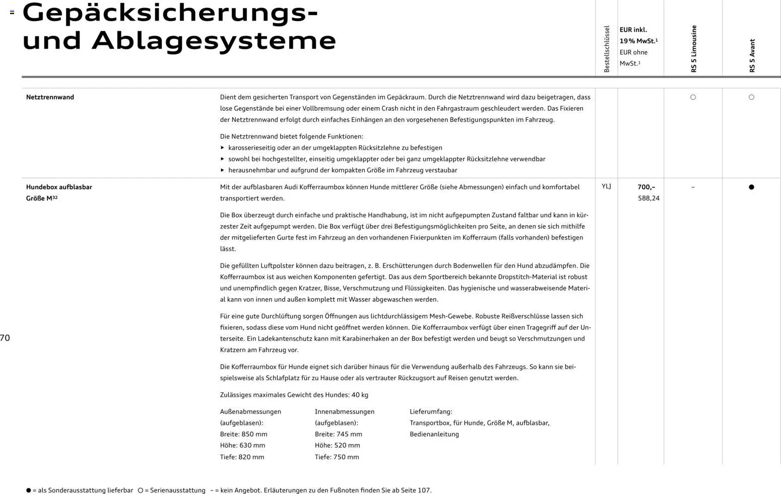 Audi RS 5 Limousine / RS 5 Avant – gültig ab 01.04.2026 | Seite: 70 | Produkte: Gewicht, Box, Wasser