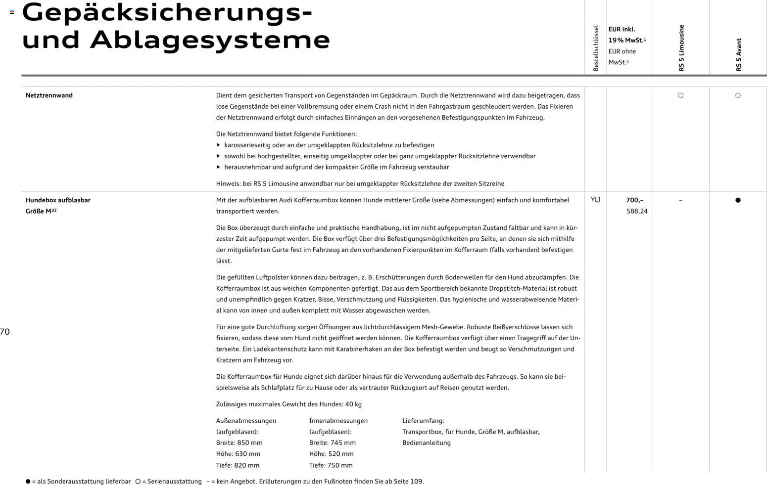 Audi RS 5 Limousine / RS 5 Avant – gültig ab 01.04.2026 | Seite: 70 | Produkte: Gewicht, Box, Wasser