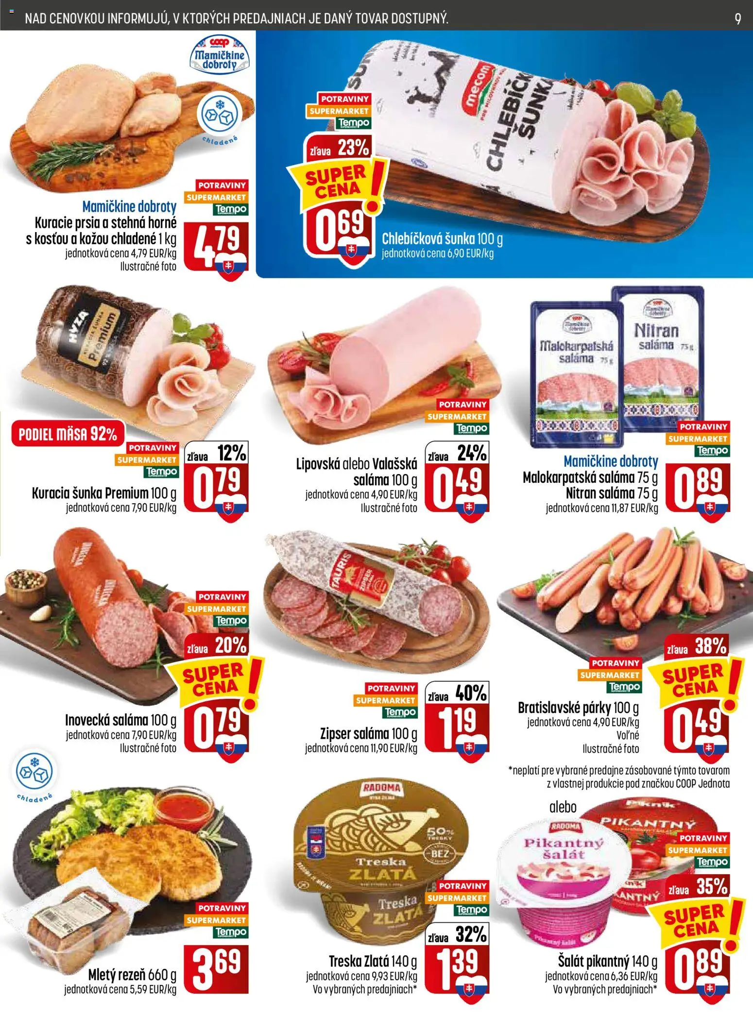 Nové COOP Jednota akcie – leták je platný od 03.09.2026 | Strana: 9 | Produkty: Saláma, Párky, Stehná, Treska