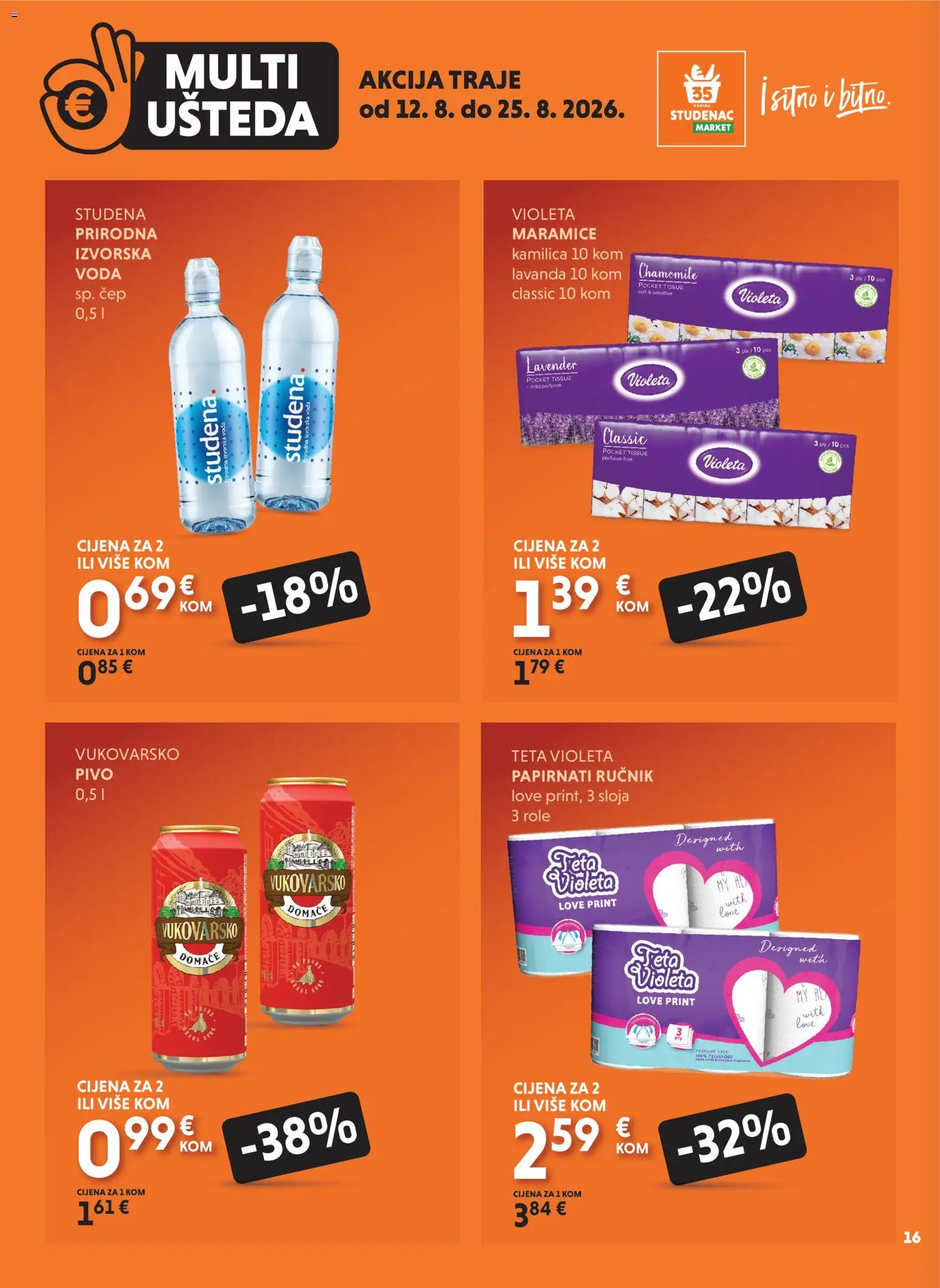 Studenac katalog | vrijedi od 12.08.2026 | Stranica: 16 | Proizvodi: Feta, Role, Ručnik, Izvorska voda