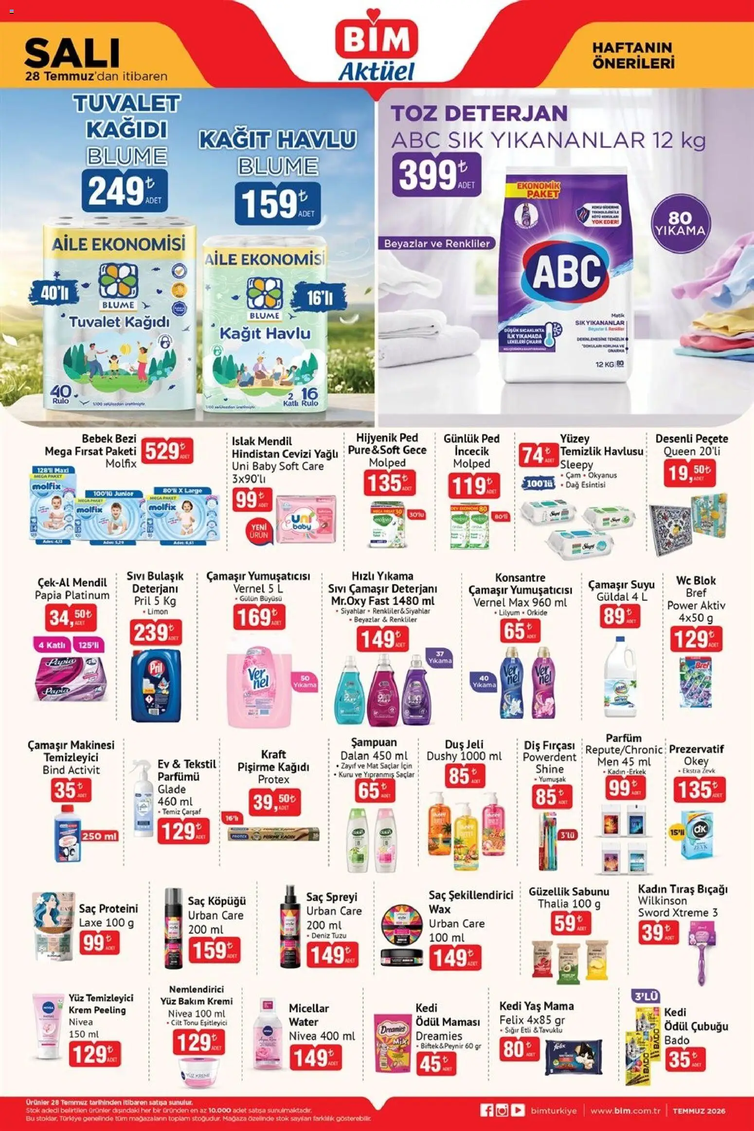 BİM - Katalog Salı - 28 Temmuz 2026 tarihinden itibaren geçerlidir | Sayfa: 1 | Ürünler: Saç spreyi, Duş jeli, Diş fırçası, Kağıt havlu