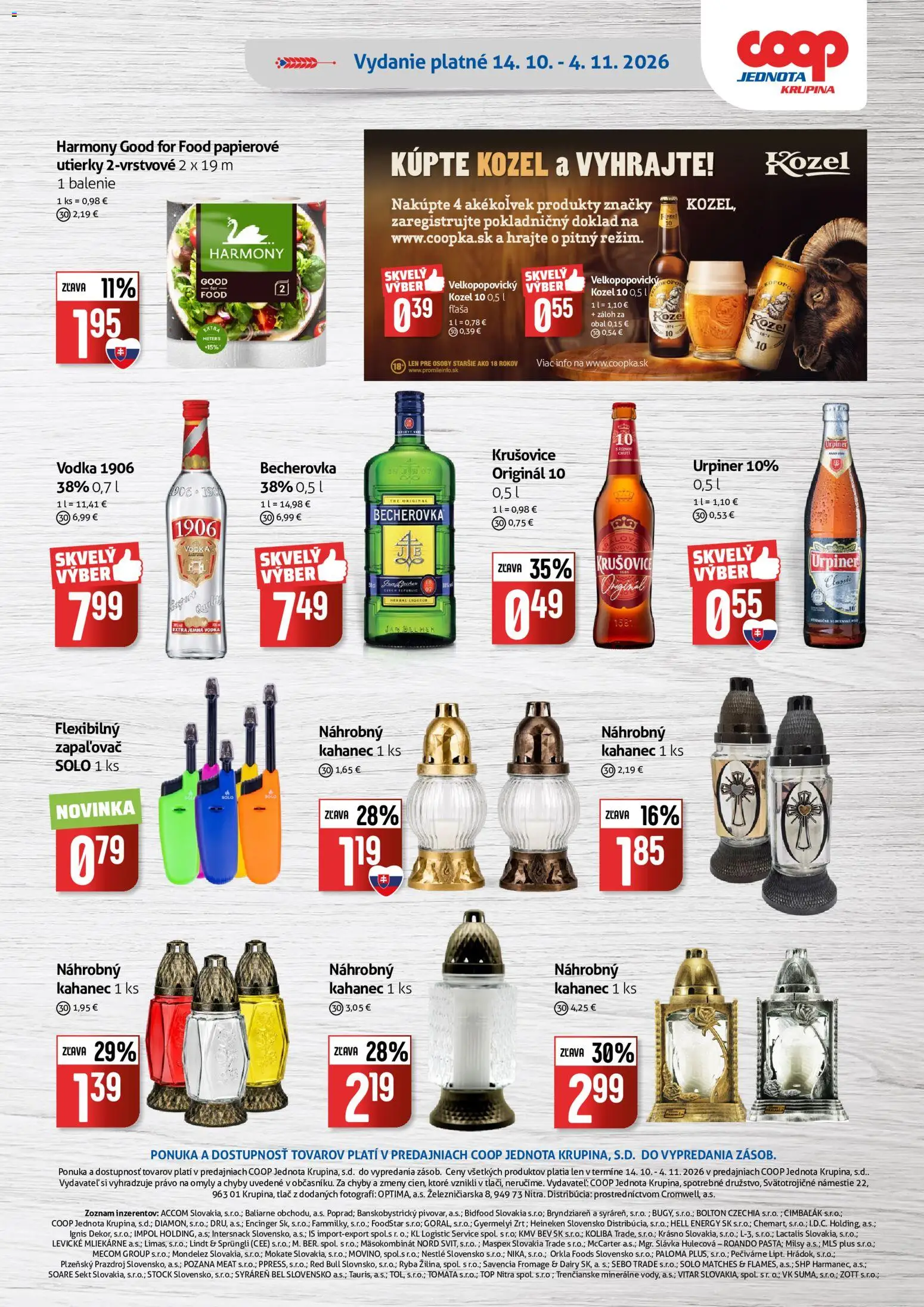 Nové COOP Jednota akcie – leták je platný od 14.10.2026 | Strana: 8 | Produkty: Red Bull, Krušovice, Vodka, Papierové utierky