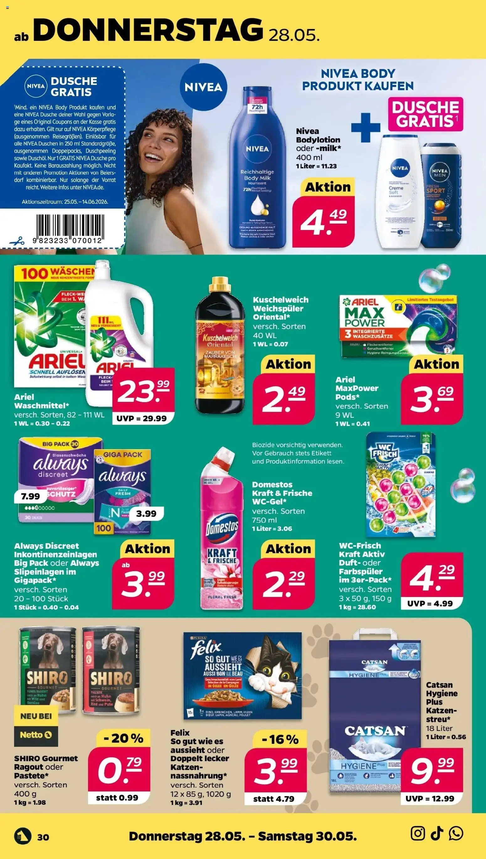 Netto - Netto APS : Wochenangebote ab 24.05.2026 → Angebote nächste Woche | Seite: 32 | Produkte: Catsan, Dusche, Kuschelweich, Weichspüler