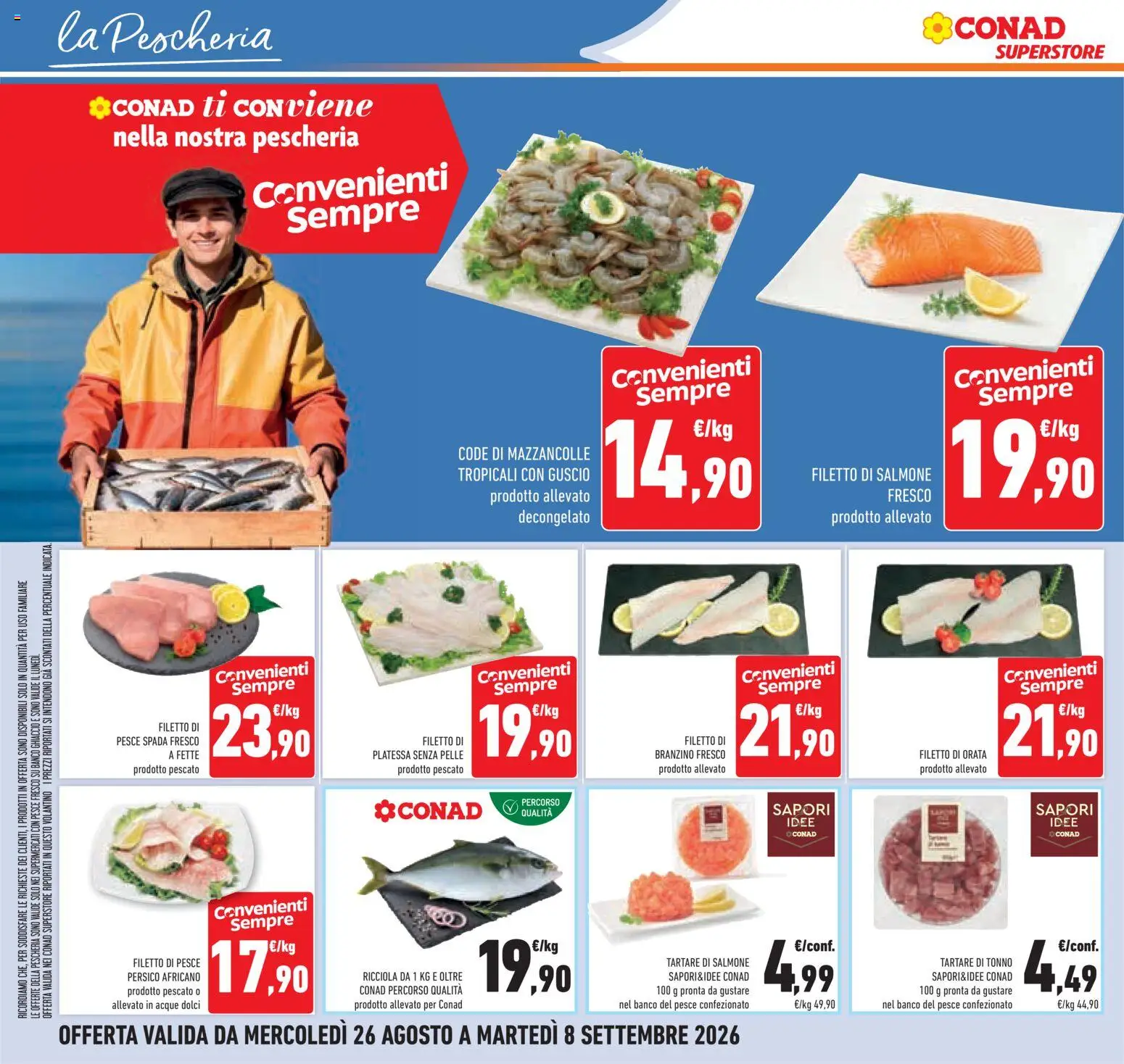 Volantino Conad del 26/08/2026 | Pagina: 14 | Prodotti: Salmone, Pesce, Branzino, Dolci