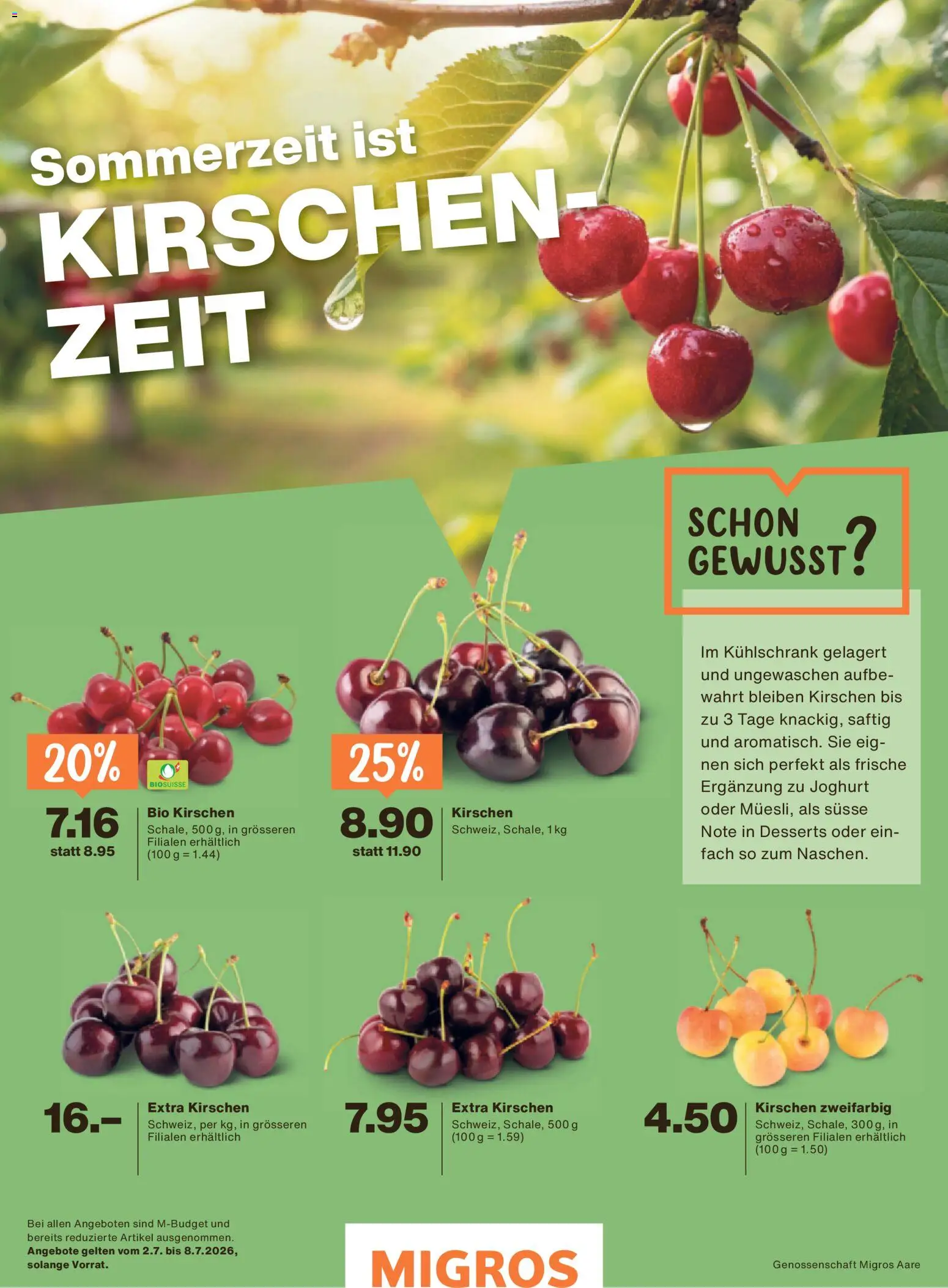 Migros aktionen Magazin – gültig ab 01.07.2026 | Seite: 40 | Produkte: Kirschen, Joghurt, Kühlschrank
