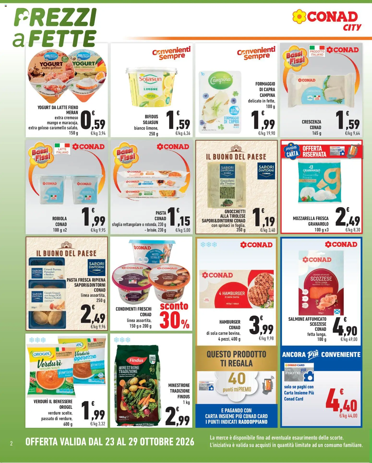 Volantino Conad del 23/10/2026 | Pagina: 2 | Prodotti: Pomodori, Formaggio di capra, Carne, Burrata