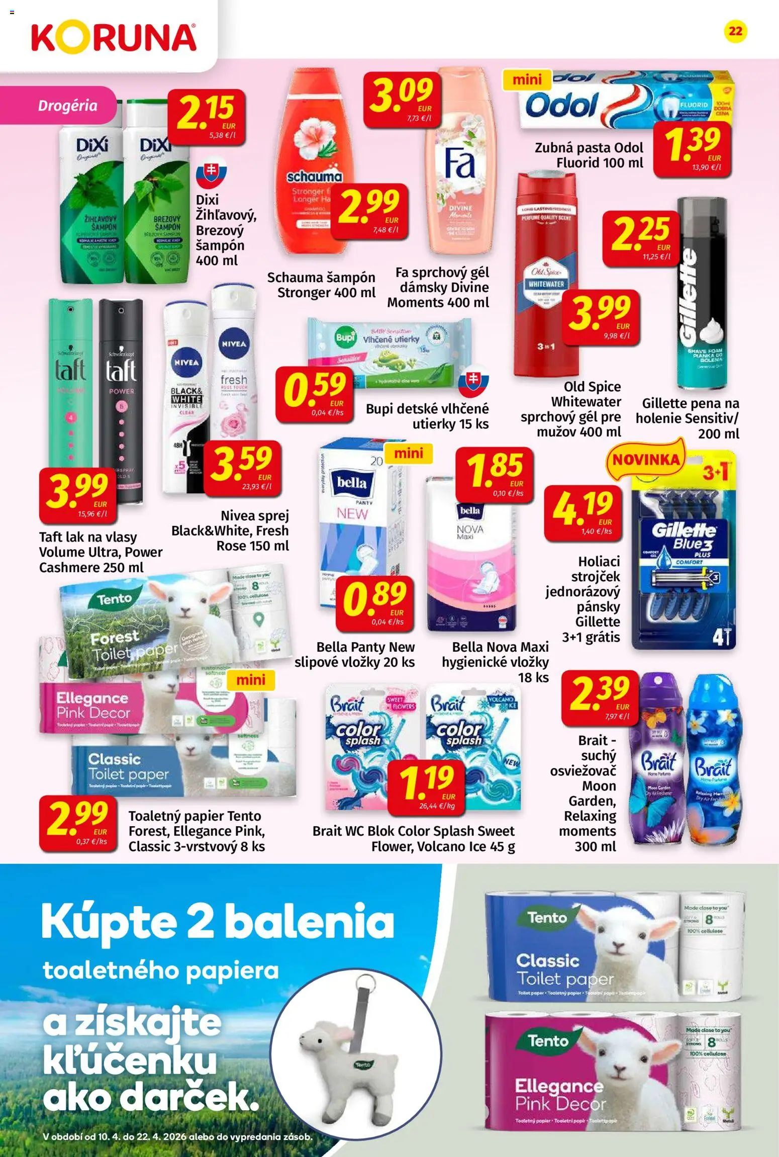 Nové Koruna akcie – leták je platný od 10.04.2026 | Strana: 22 | Produkty: Strojček, Šampón, Sprchový gél, Wc blok