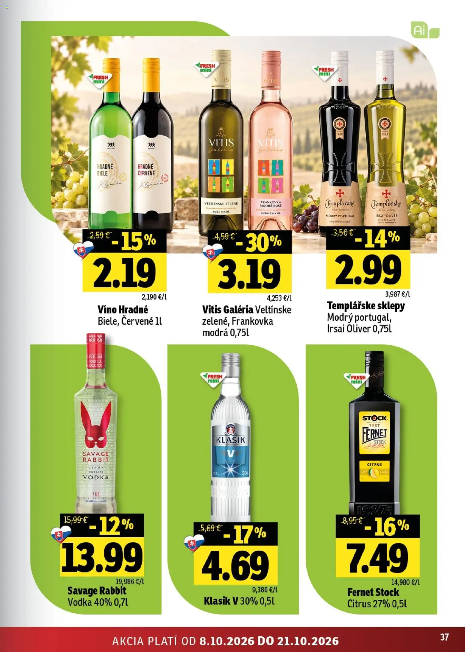 Nové Fresh akcie – leták je platný od 08.10.2026 | Strana: 37 | Produkty: Víno, Vodka, Fernet, Fernet Stock