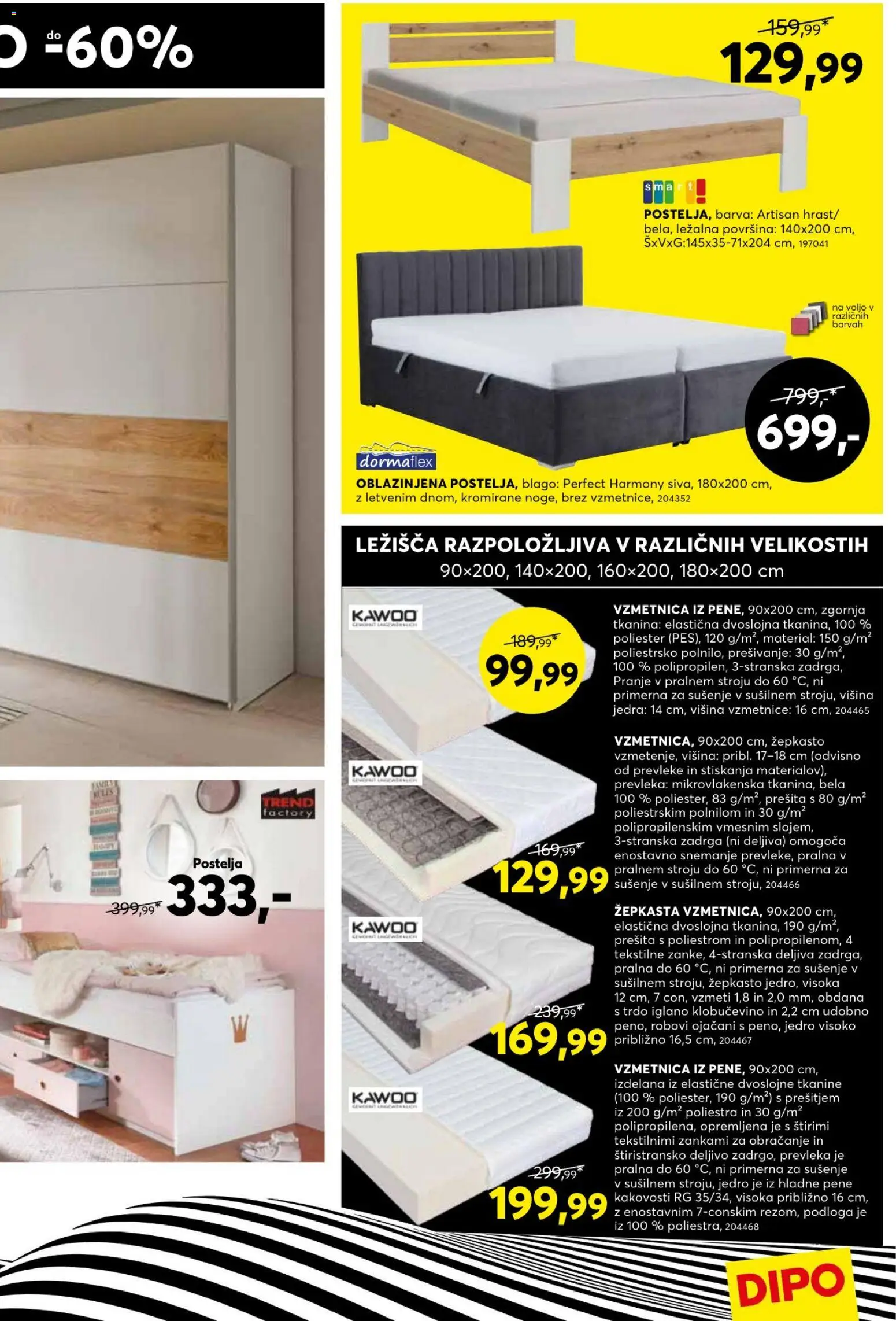 Novi Dipo katalog ponudbe – veljaven od 23.09.2026 | Stran: 19 | Izdelki: Postelja, Vzmetnica, Prevleka, Podloga
