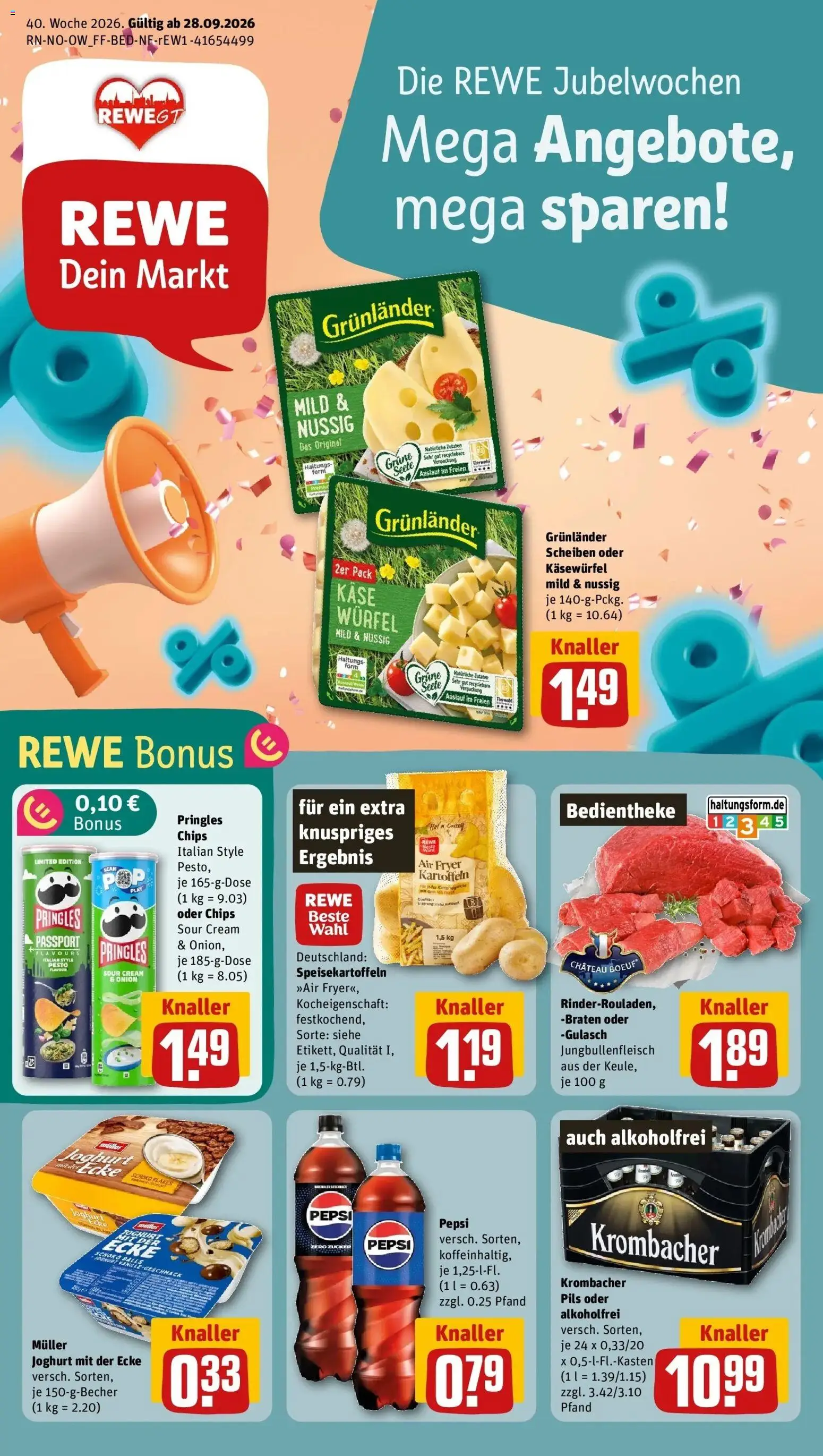 REWE Prospekt ab 28.09.2026 zum Blättern » Angebote | Seite: 1 | Produkte: Käse, Pils, Gulasch, Pringles
