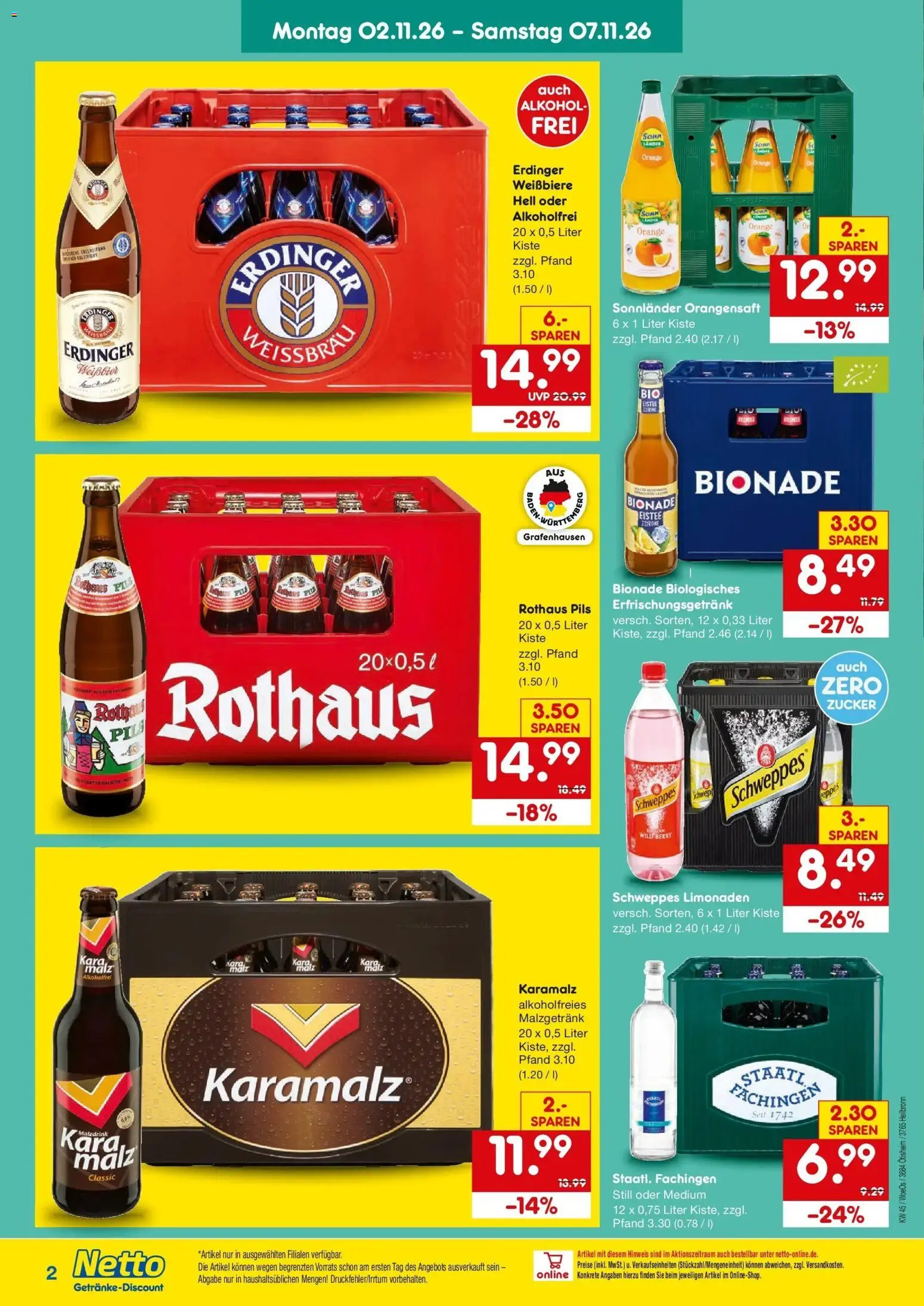 Netto Marken-Discount Prospekt Heilbronn – gültig ab 02.11.2026 | Seite: 2 | Produkte: Erdinger, Weißbier, Bionade, Zucker